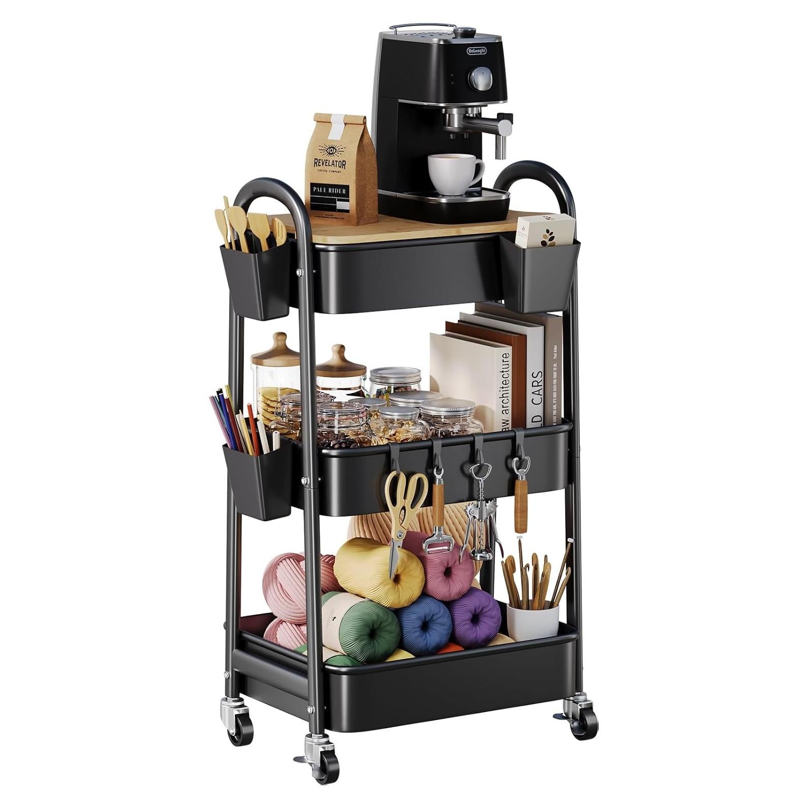 Carro Organizador de 3 Niveles Kzeirm con Ruedas y Superficie de Madera