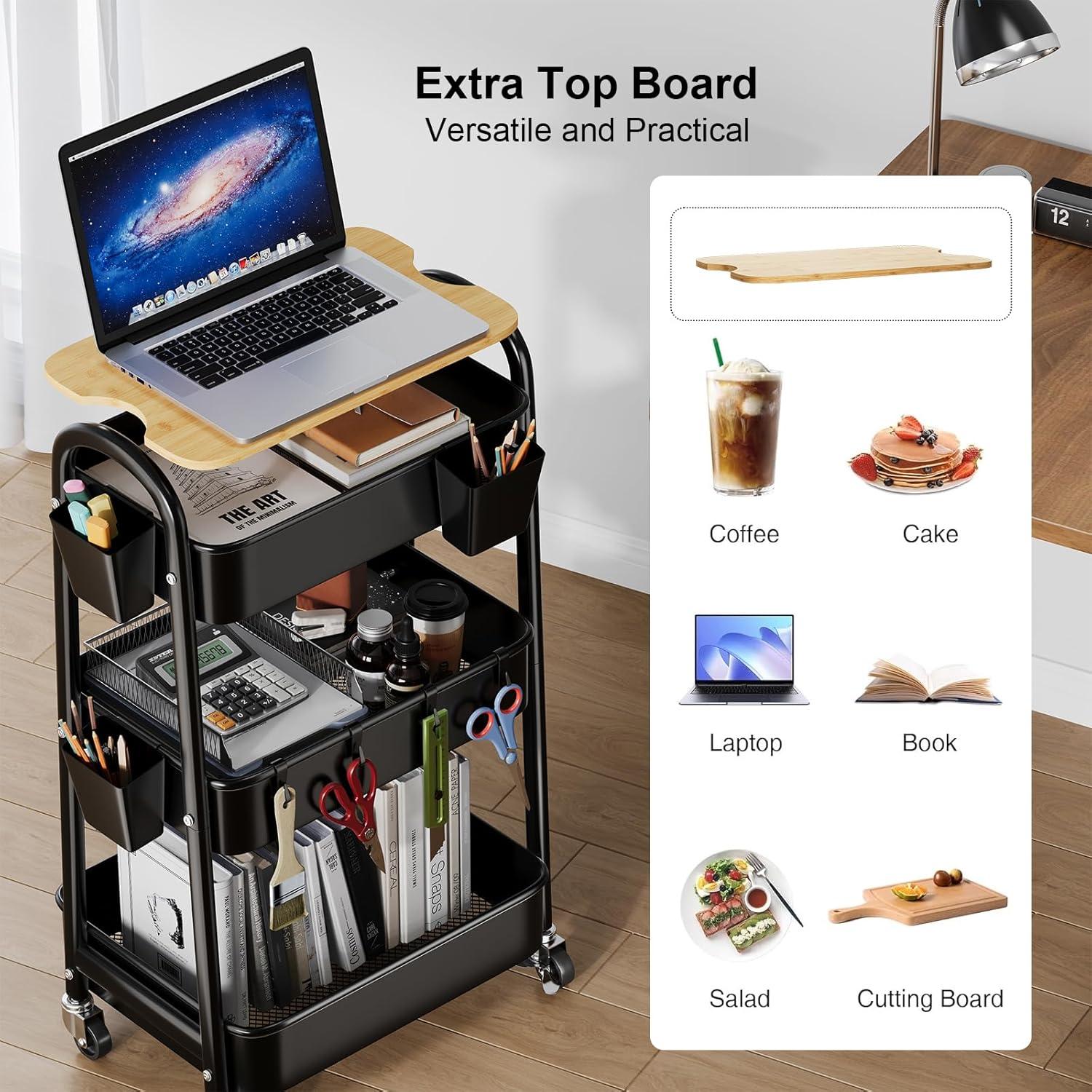 Carro Organizador de 3 Niveles Kzeirm con Ruedas y Superficie de Madera