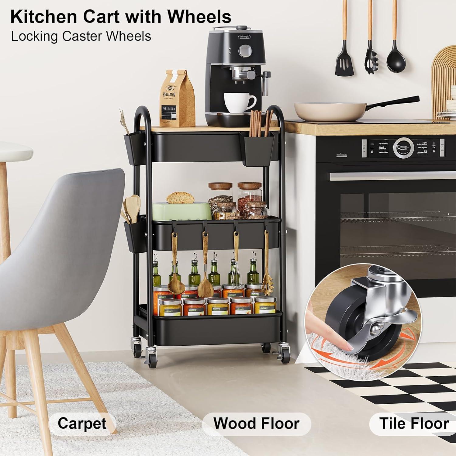 Carro Organizador de 3 Niveles Kzeirm con Ruedas y Superficie de Madera