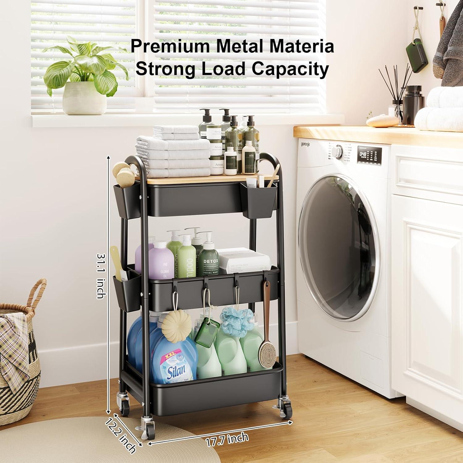 Carro Organizador de 3 Niveles Kzeirm con Ruedas y Superficie de Madera