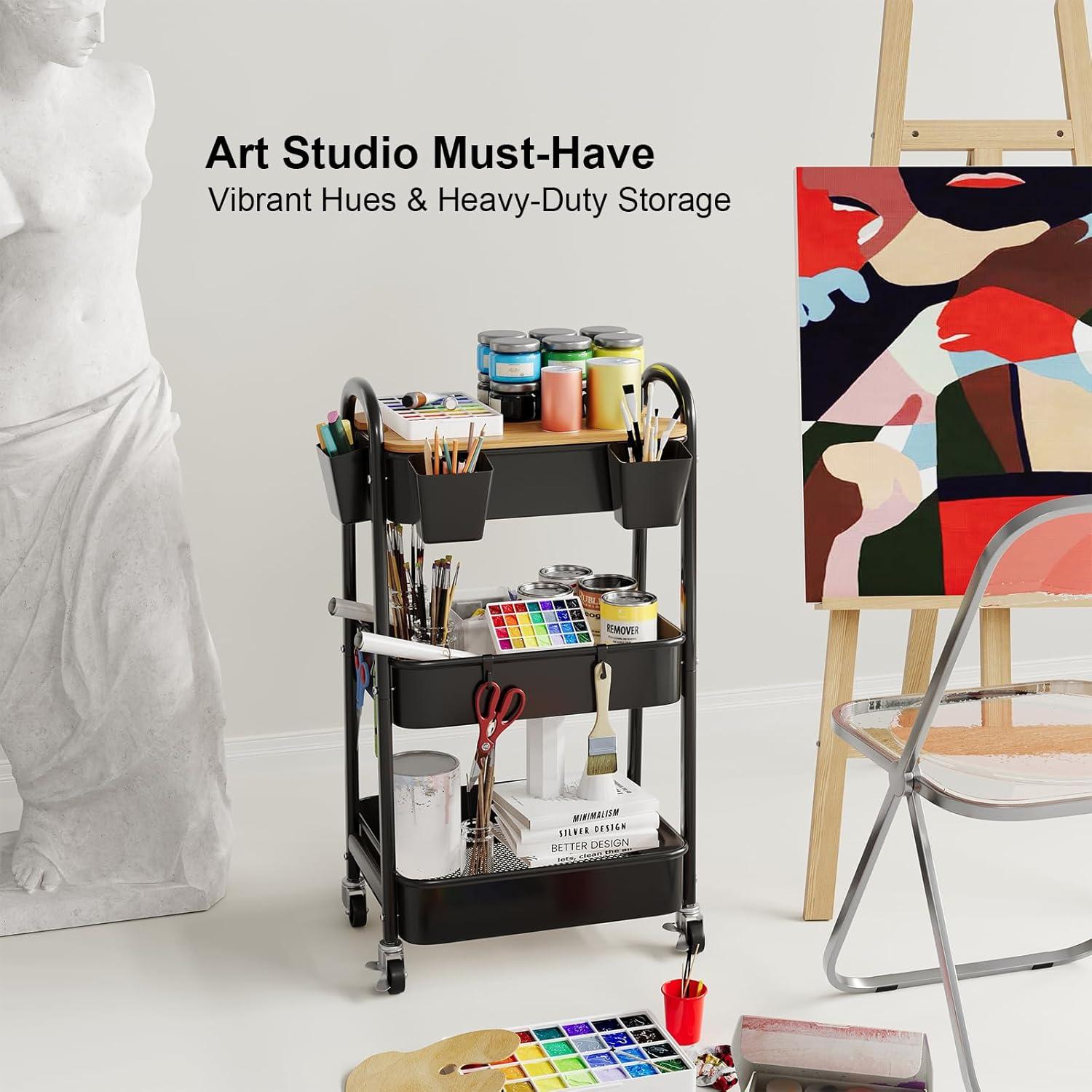 Carro Organizador de 3 Niveles Kzeirm con Ruedas y Superficie de Madera