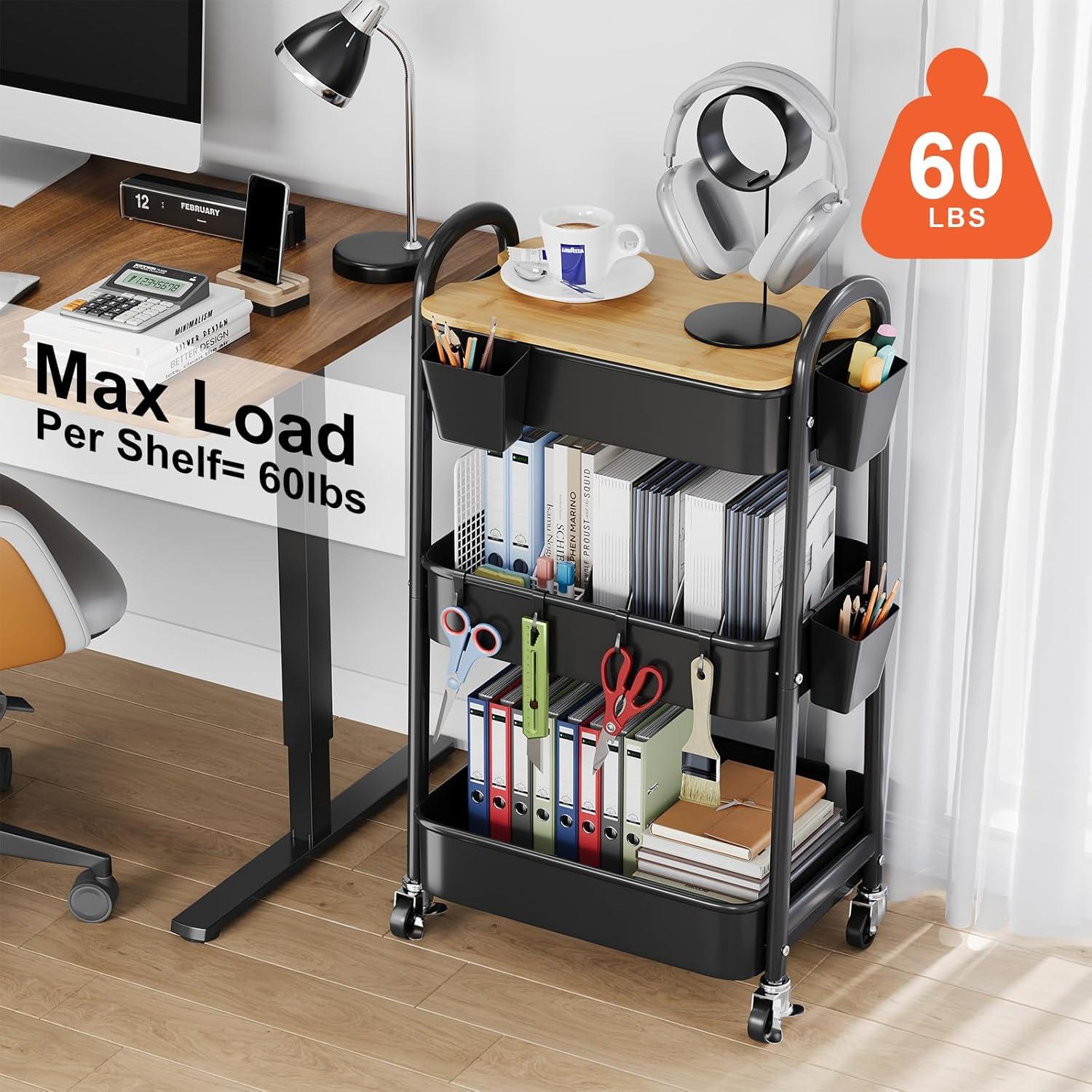 Carro Organizador de 3 Niveles Kzeirm con Ruedas y Superficie de Madera