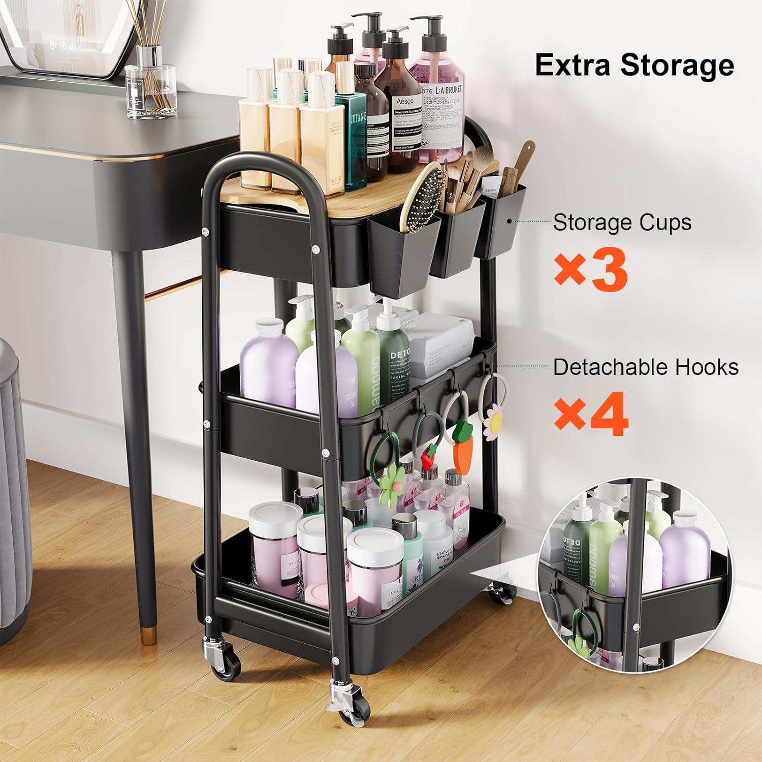 Carro Organizador de 3 Niveles Kzeirm con Ruedas y Superficie de Madera