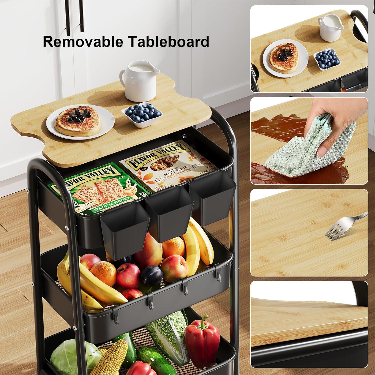 Carro Organizador de 3 Niveles Kzeirm con Ruedas y Superficie de Madera