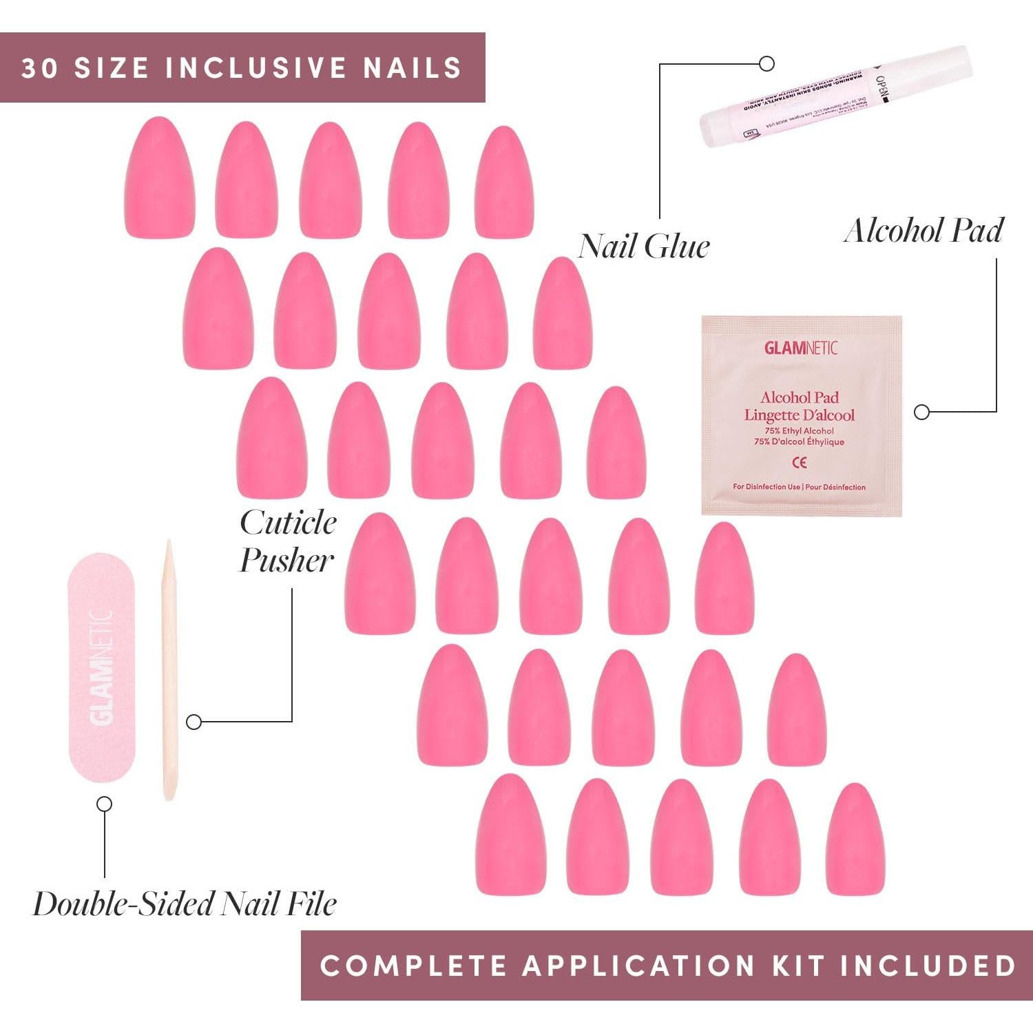 Uñas Postizas Glamnetic Rosa Flamenco Cortas Almendra 30 Piezas