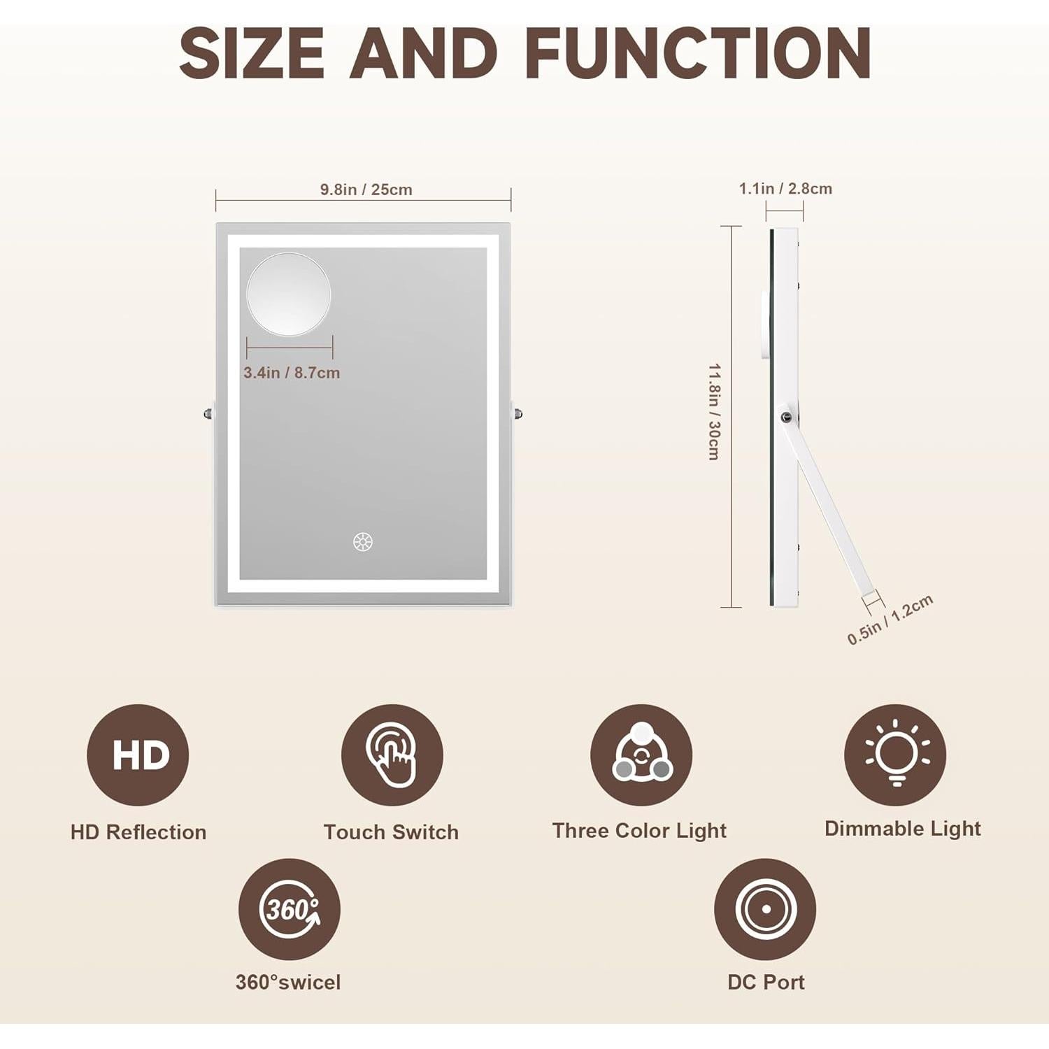 Espejo de Maquillaje MINISO LED 24.9x30.5cm con Luz Ajustable