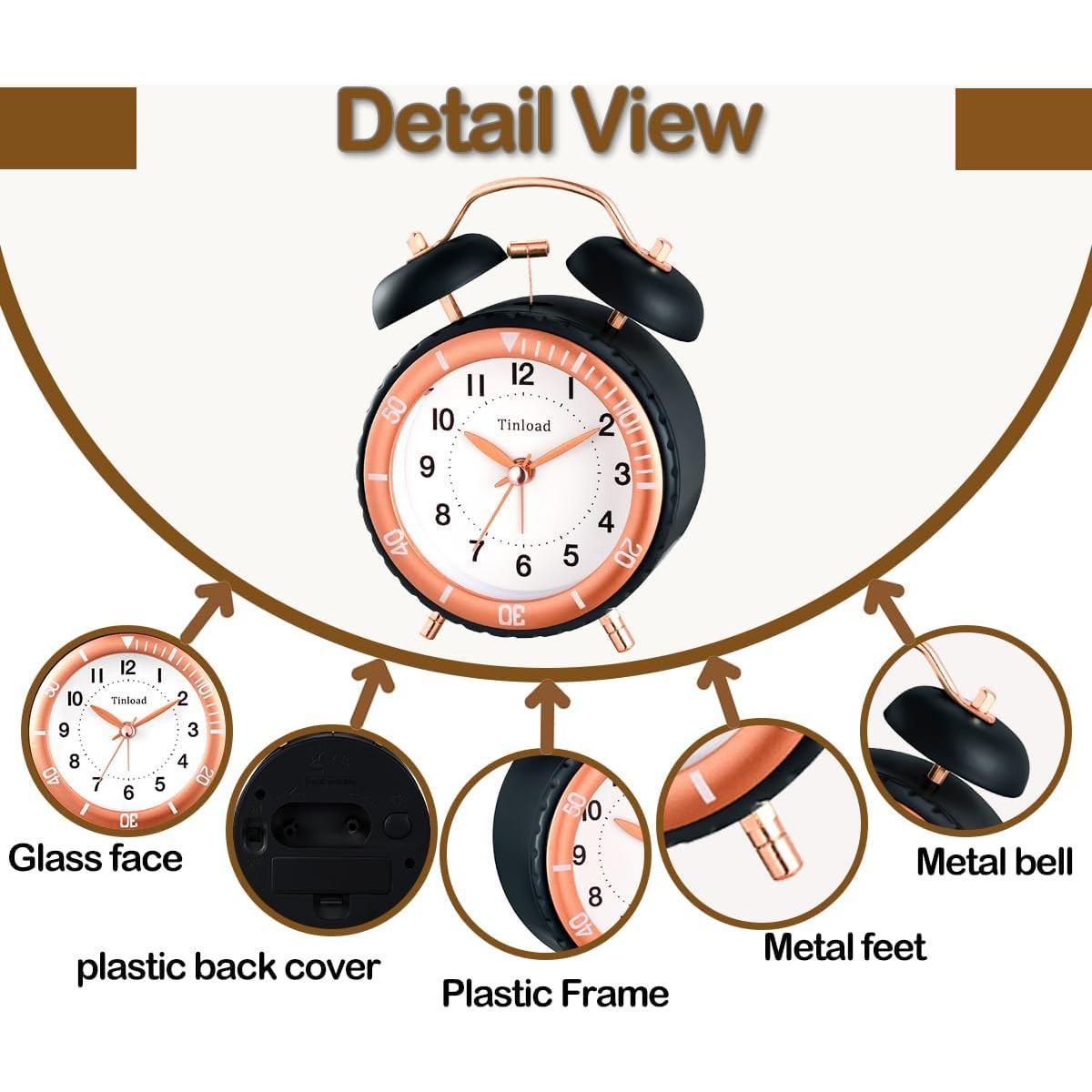 Reloj Despertador Analógico Tinload Retro Negro Sin Tic Tac