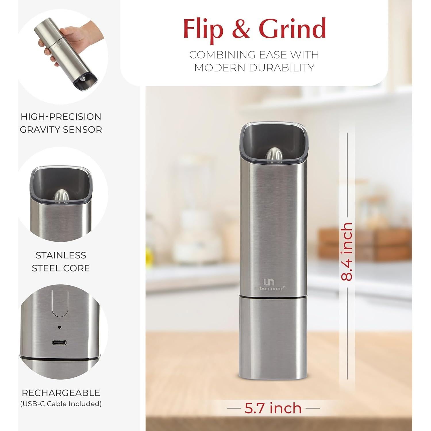 Juego de Molinillos de Sal y Pimienta Urban Noon UN12 - Eléctricos Recargables