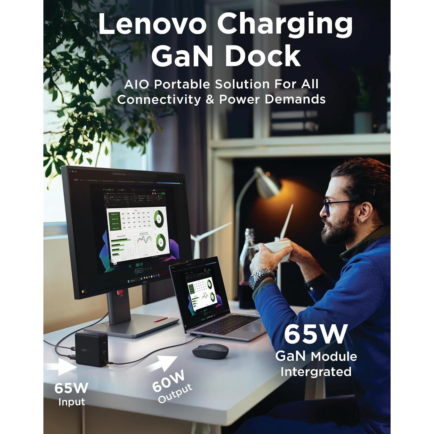 Dock de Carga GaN Lenovo 60W Multiport HDMI USB-C USB-A