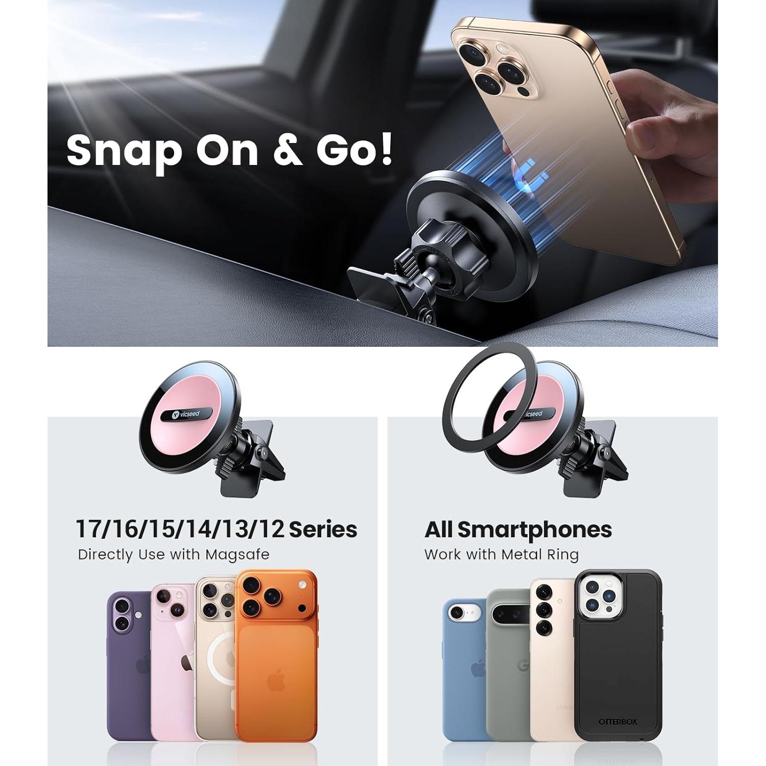 Soporte de Coche Magnético VICSEED MagSafe Rosa 360° Ajustable
