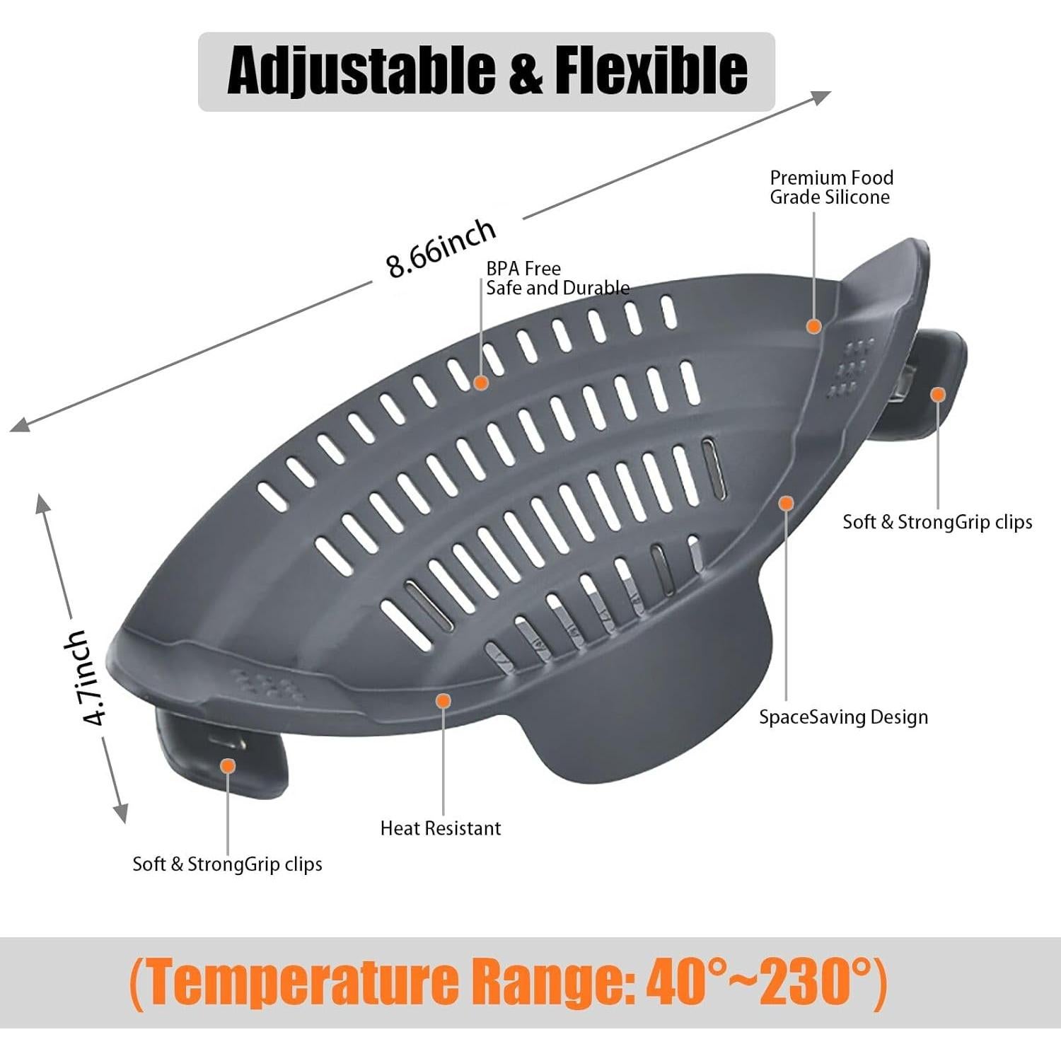 Colador Clip On Perwin de Silicona Gris Resistente al Calor