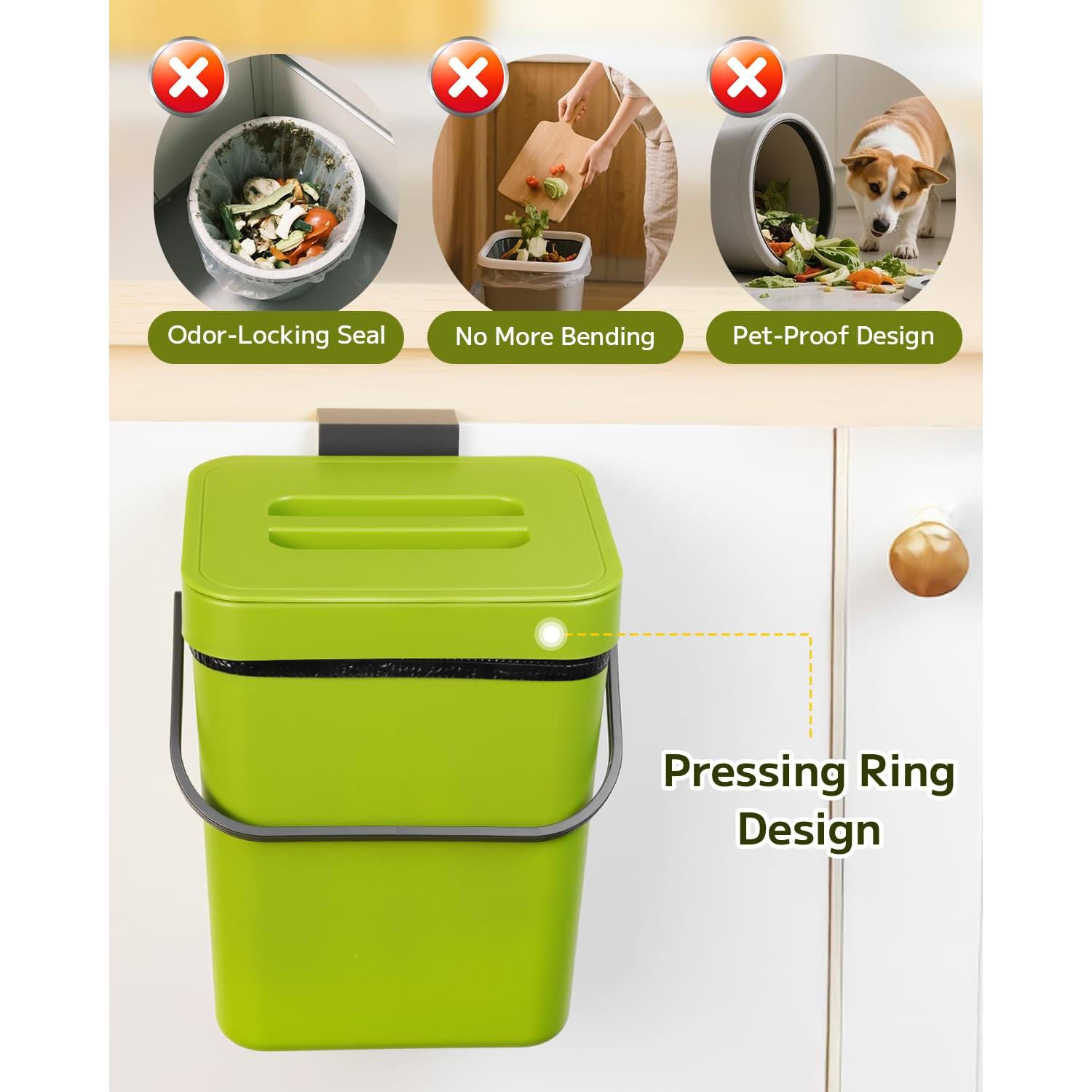 Cesto de Desechos de Cocina Comtar 3L Verde con Ganchos