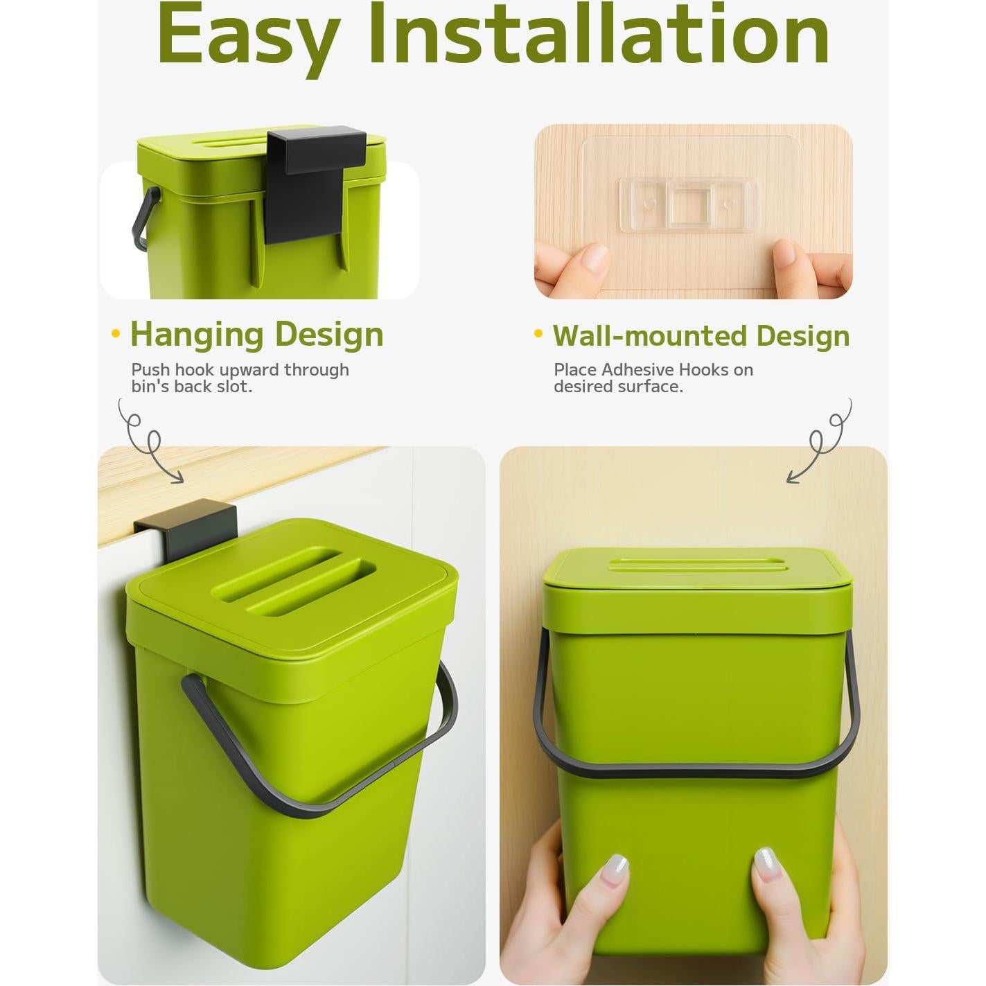 Cesto de Desechos de Cocina Comtar 3L Verde con Ganchos