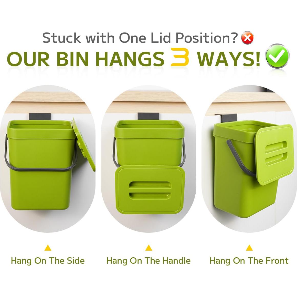 Cesto de Desechos de Cocina Comtar 3L Verde con Ganchos