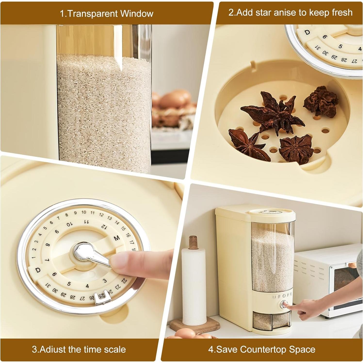 Dispensador de Arroz UFORU 10 kg con Taza Medidora y Sellado