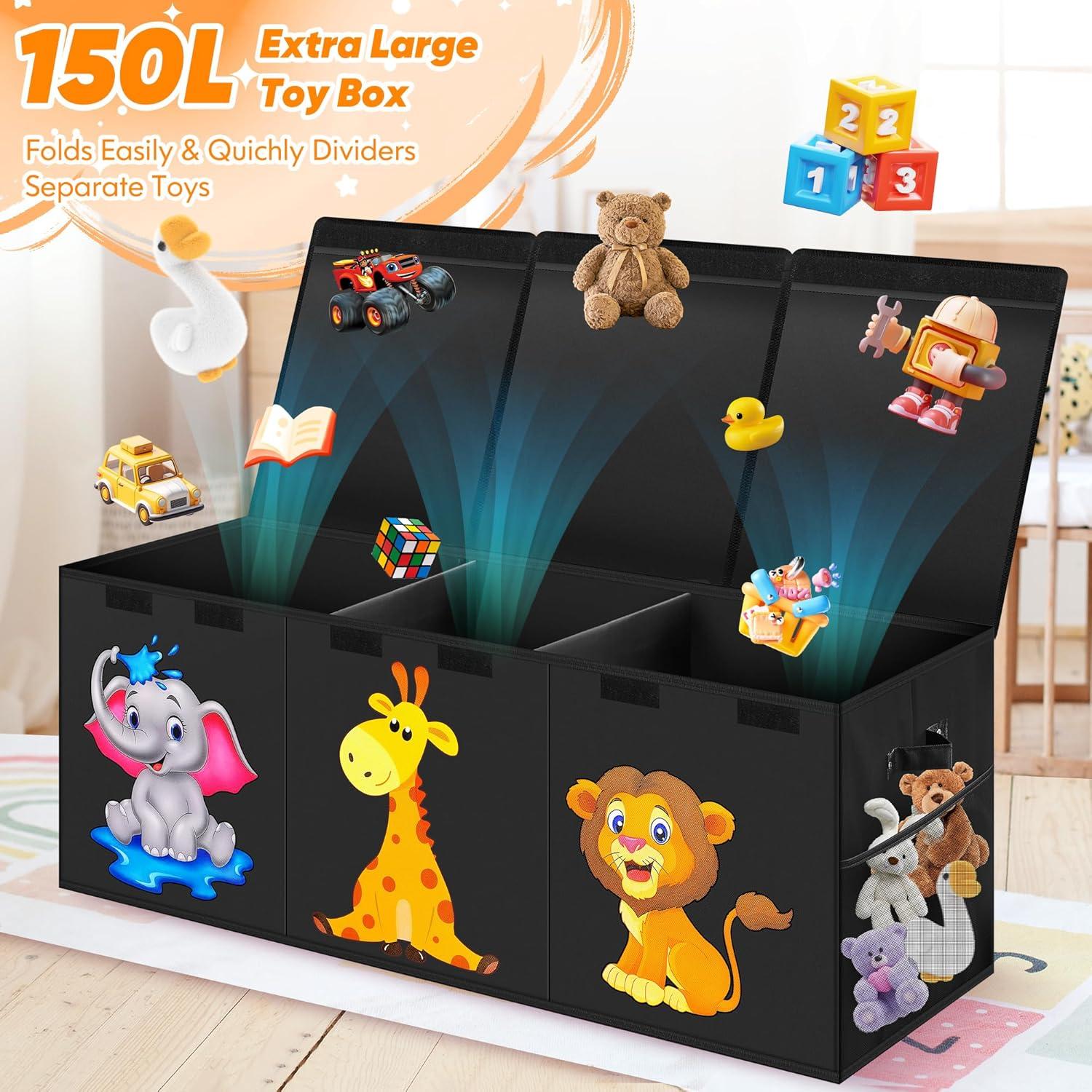 Extra Large Toy Box, Collapsible Storage Organizer with Lids, Cute Animals Toybox for Boys Girls, 40"x14"x16" Kids Toy Chest Sturdy Storage Boxes for Living Room Bedroom Playroom Nursery