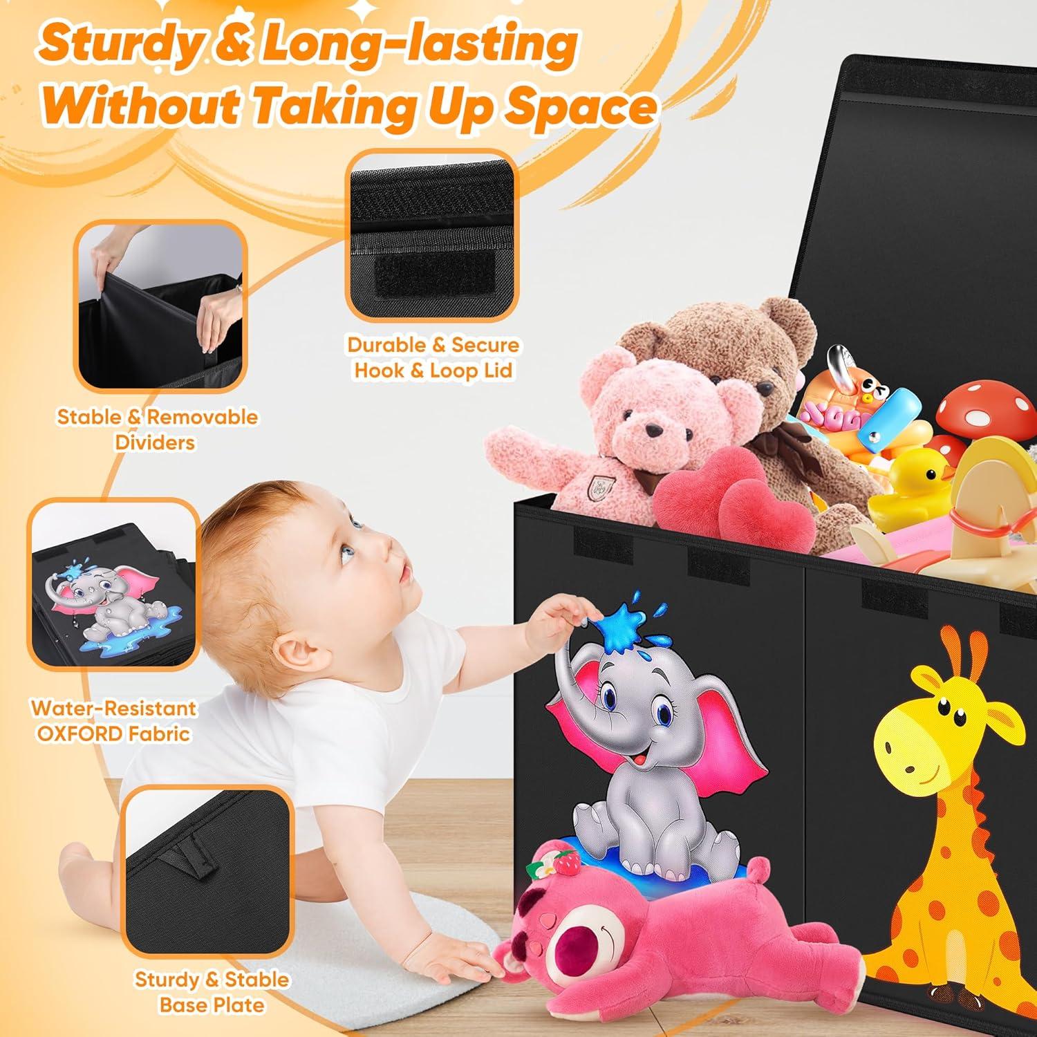 Extra Large Toy Box, Collapsible Storage Organizer with Lids, Cute Animals Toybox for Boys Girls, 40"x14"x16" Kids Toy Chest Sturdy Storage Boxes for Living Room Bedroom Playroom Nursery