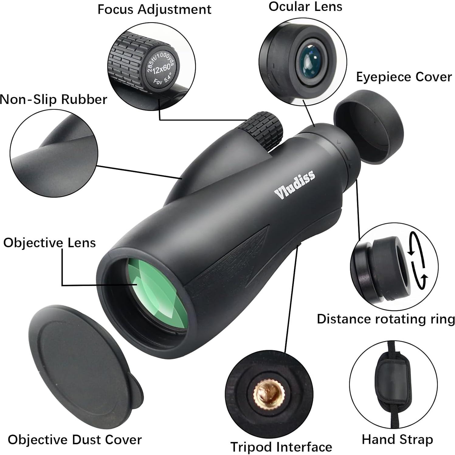 Telescopio Monocular 12X60 Vludiss con Soporte Smartphone y Trípode