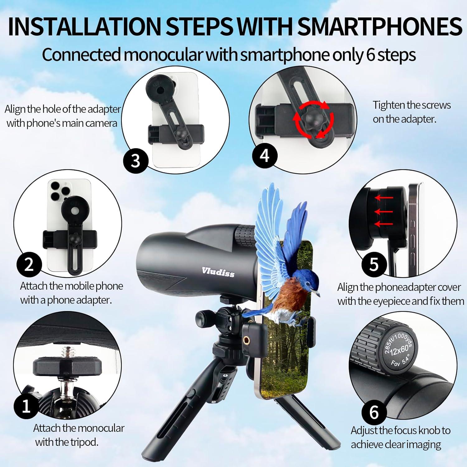 Telescopio Monocular 12X60 Vludiss con Soporte Smartphone y Trípode