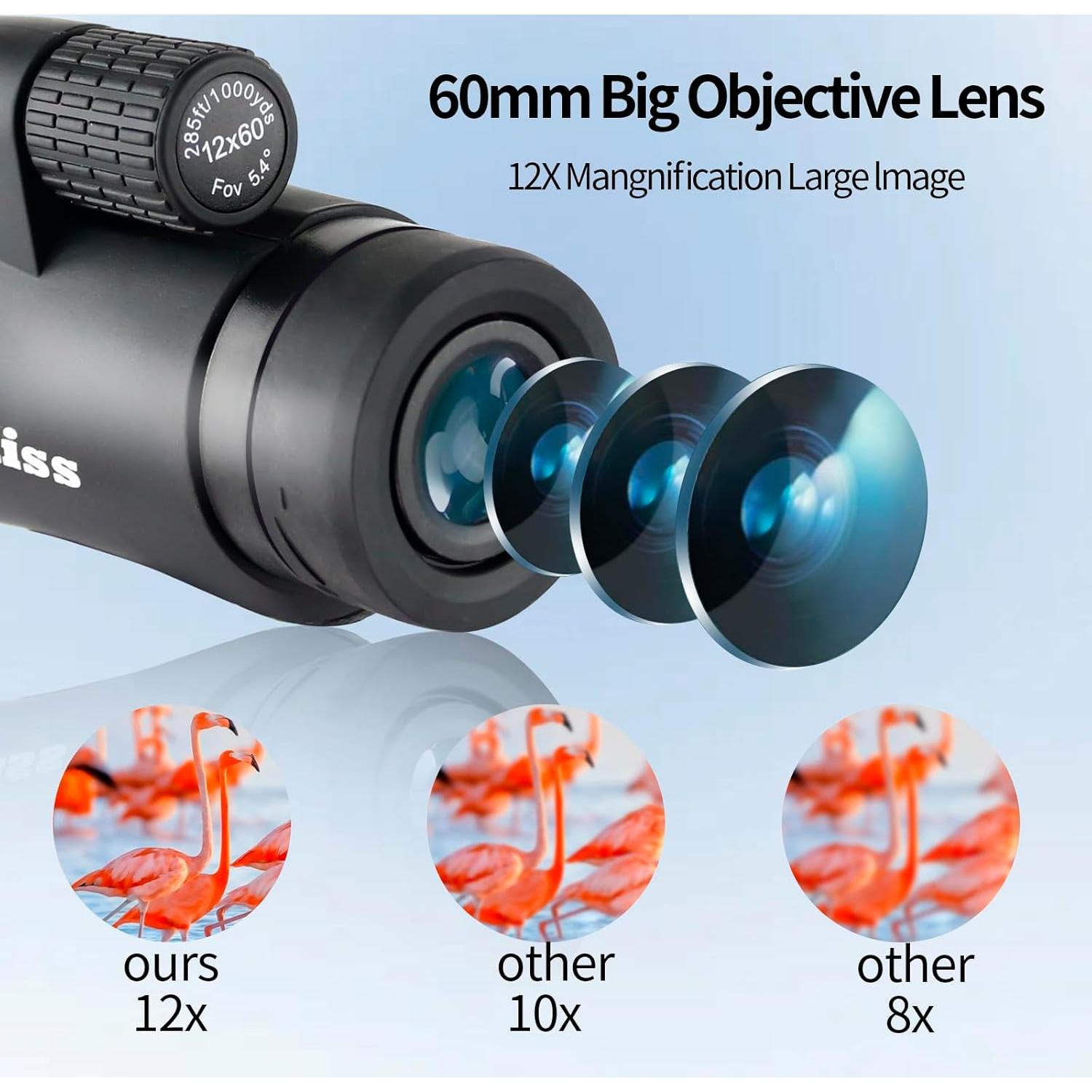 Telescopio Monocular 12X60 Vludiss con Soporte Smartphone y Trípode