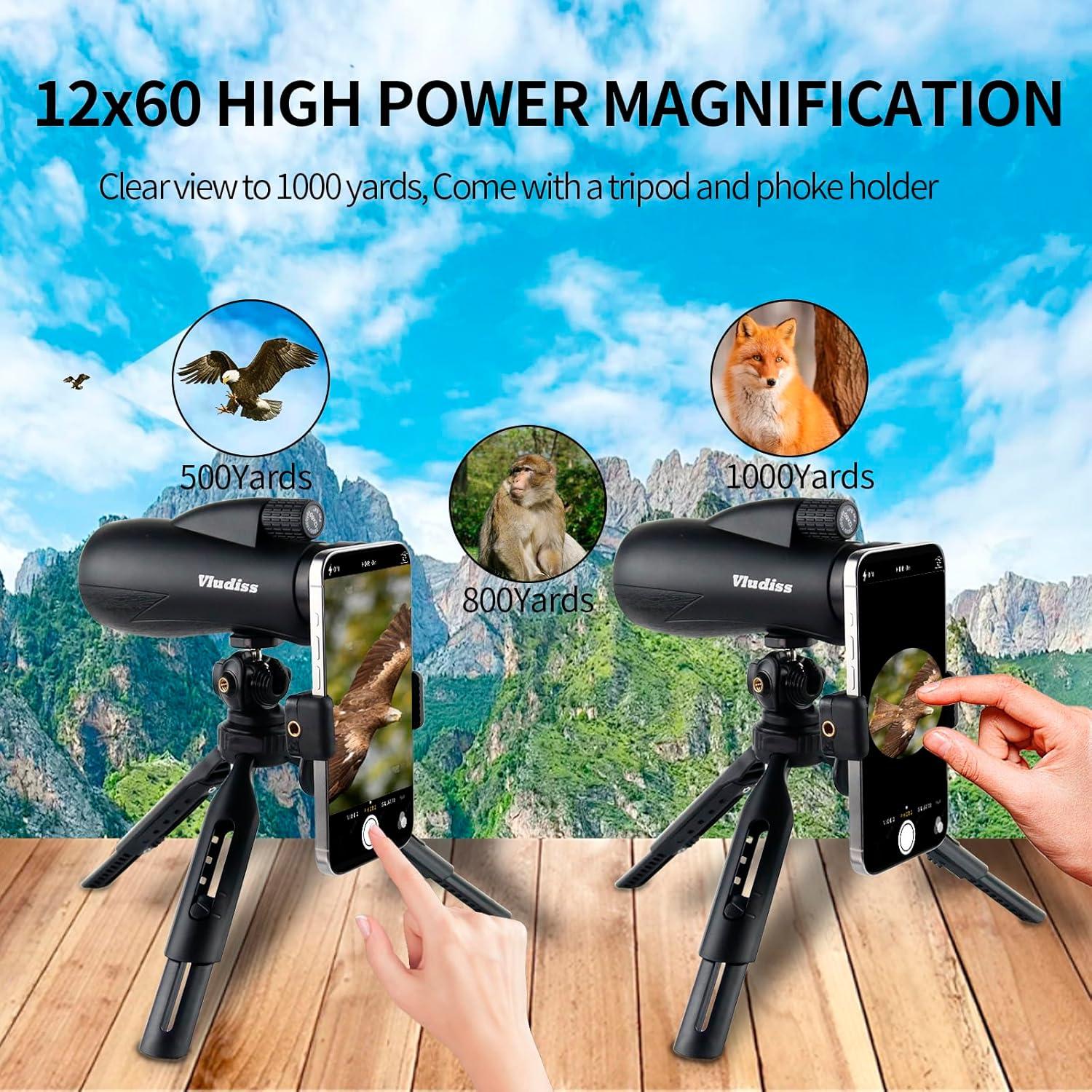Telescopio Monocular 12X60 Vludiss con Soporte Smartphone y Trípode