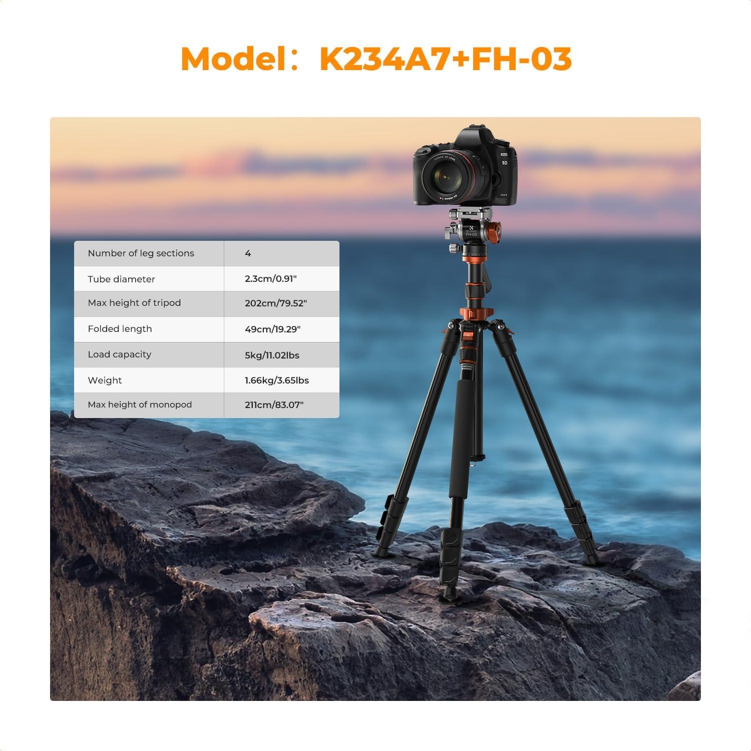K&F CONCEPT 83" Camera Video Tripod for DSLR, Compact Aluminum Tripod with 360° Panorama Fluid Head for Travel, Video, Live Streaming, Vlogging, Payload 11lb