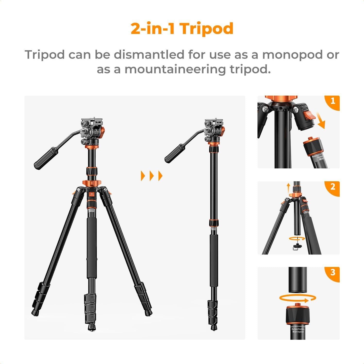K&F CONCEPT 83" Camera Video Tripod for DSLR, Compact Aluminum Tripod with 360° Panorama Fluid Head for Travel, Video, Live Streaming, Vlogging, Payload 11lb