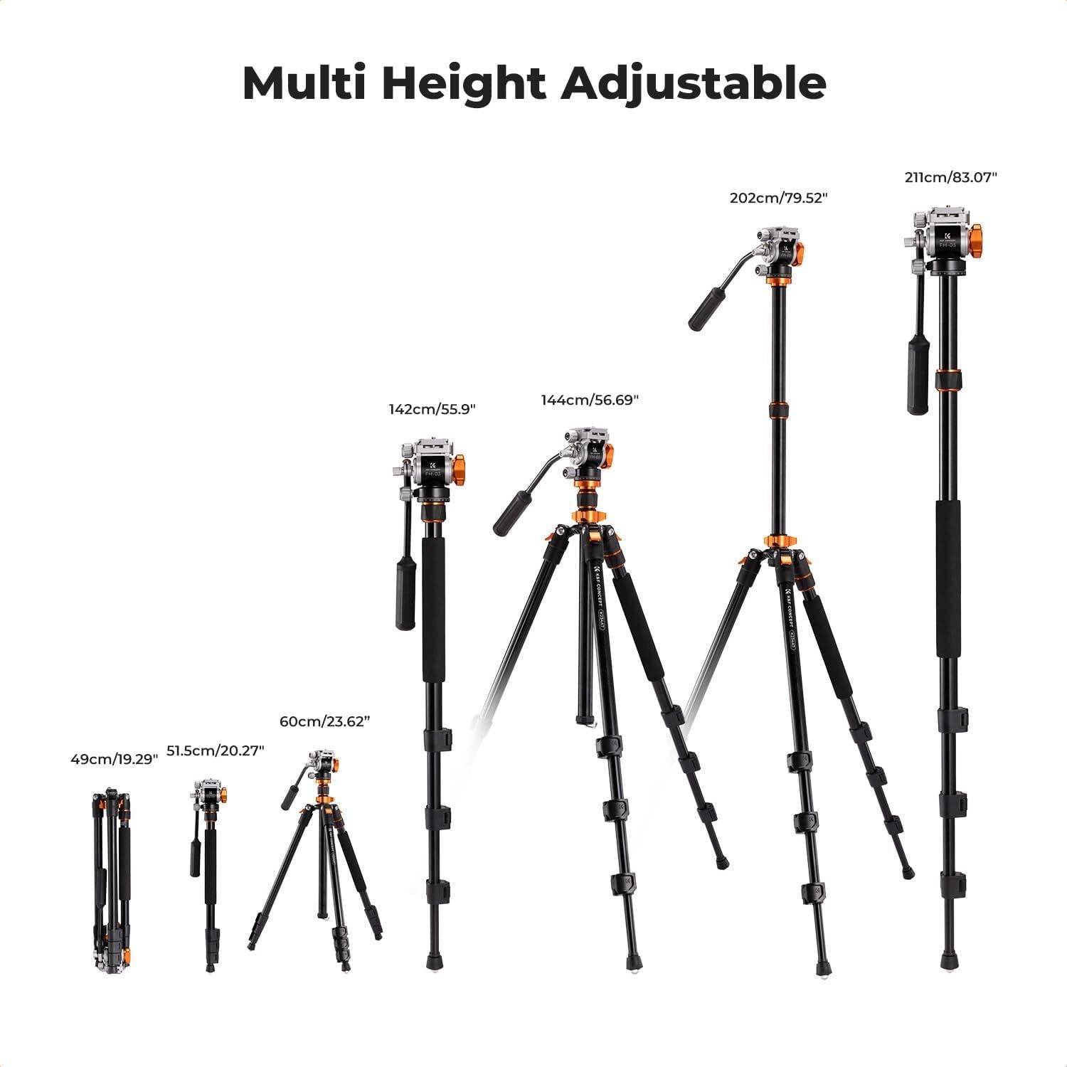 K&F CONCEPT 83" Camera Video Tripod for DSLR, Compact Aluminum Tripod with 360° Panorama Fluid Head for Travel, Video, Live Streaming, Vlogging, Payload 11lb