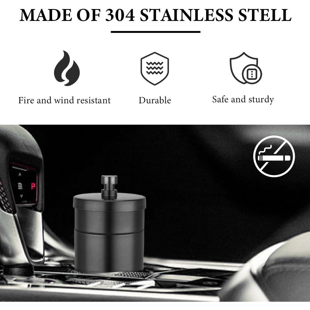 Cenicero de coche KVAEY con tapa, acero inoxidable, grande