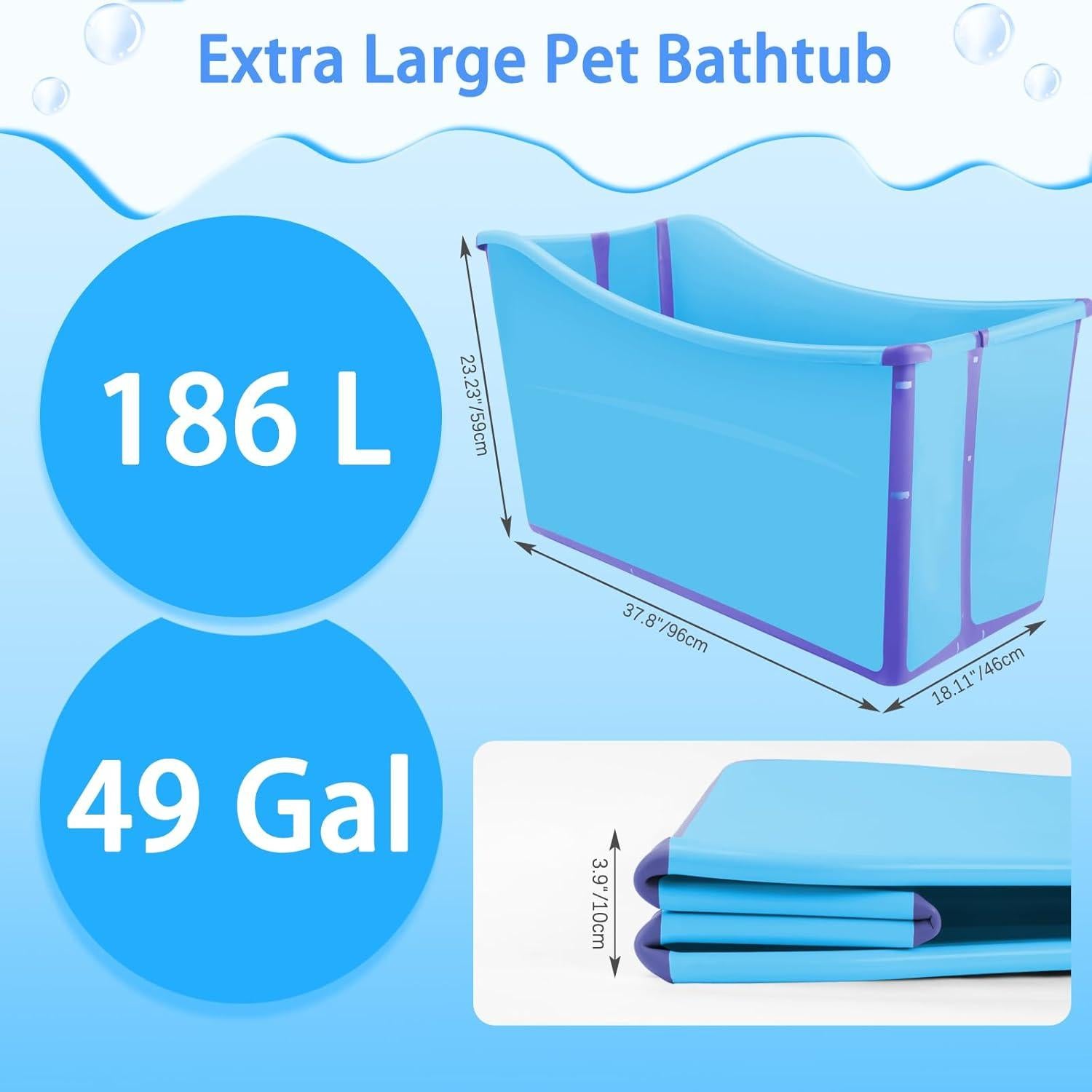 Bañera Plegable para Perros FHTONGE 186L Azul con Drenaje