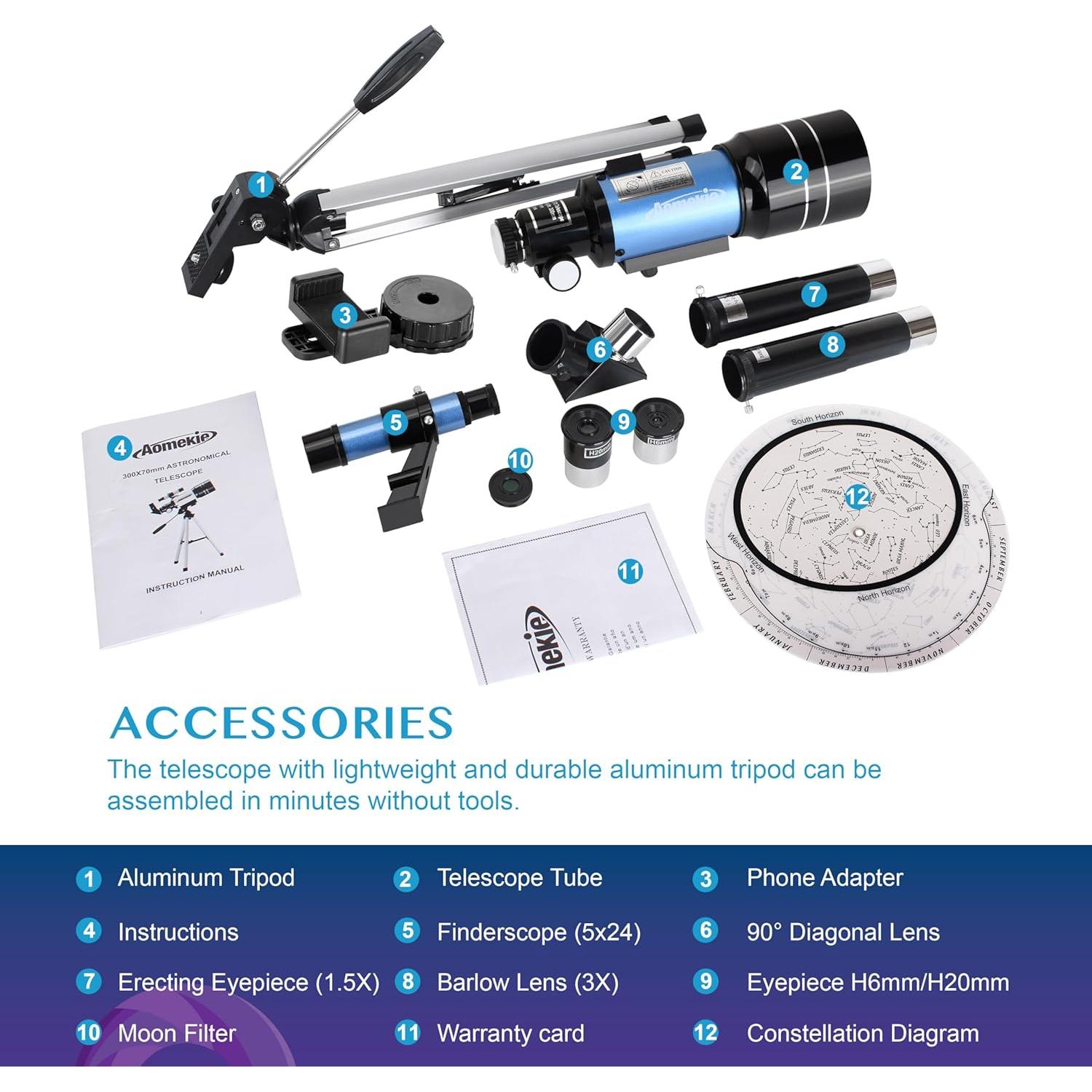 Telescopio AOMEKIE 70mm 150X con Trípode y Adaptador Smartphone