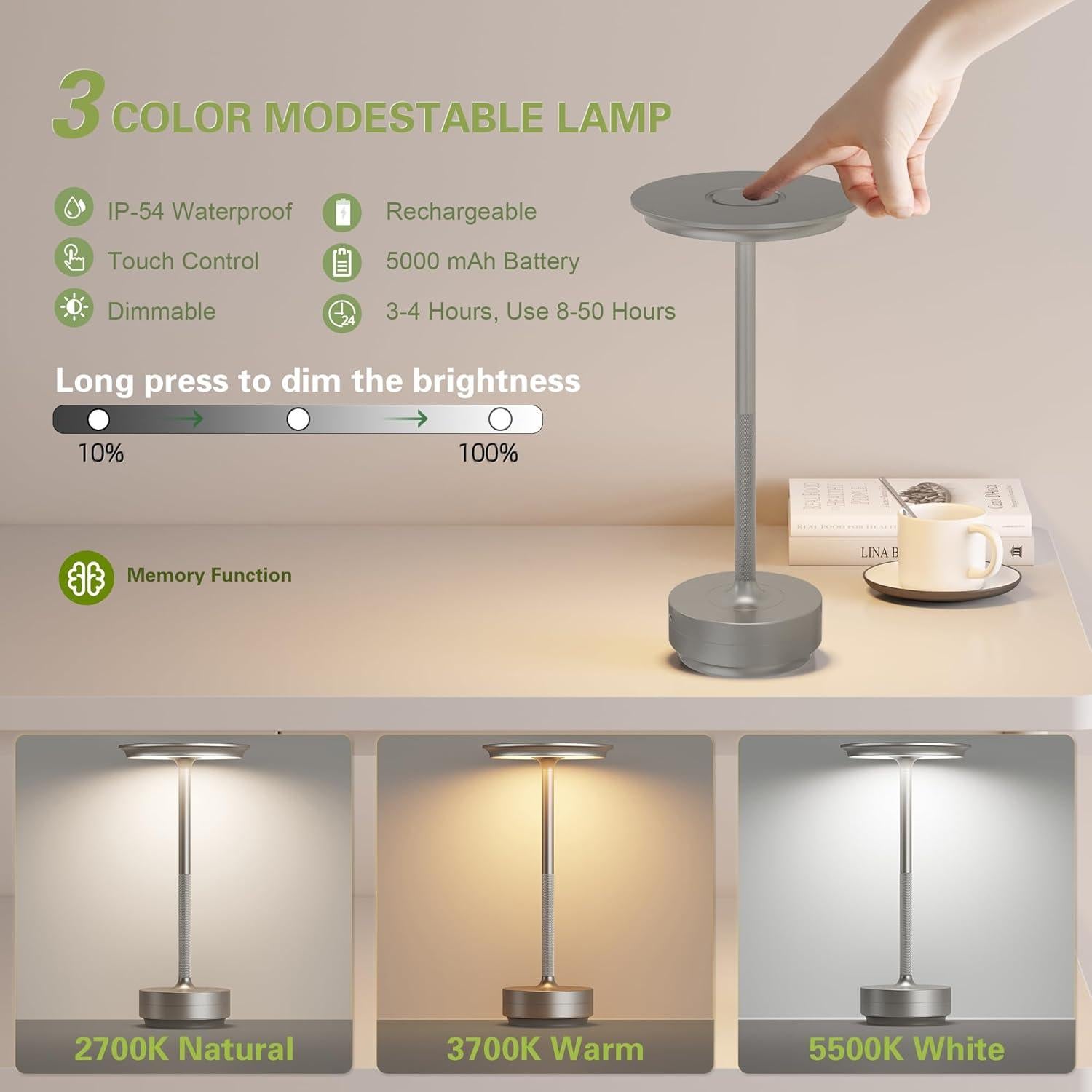 Juego de 2 Lámparas de Mesa LED Inalámbricas ZTFLOS Plata