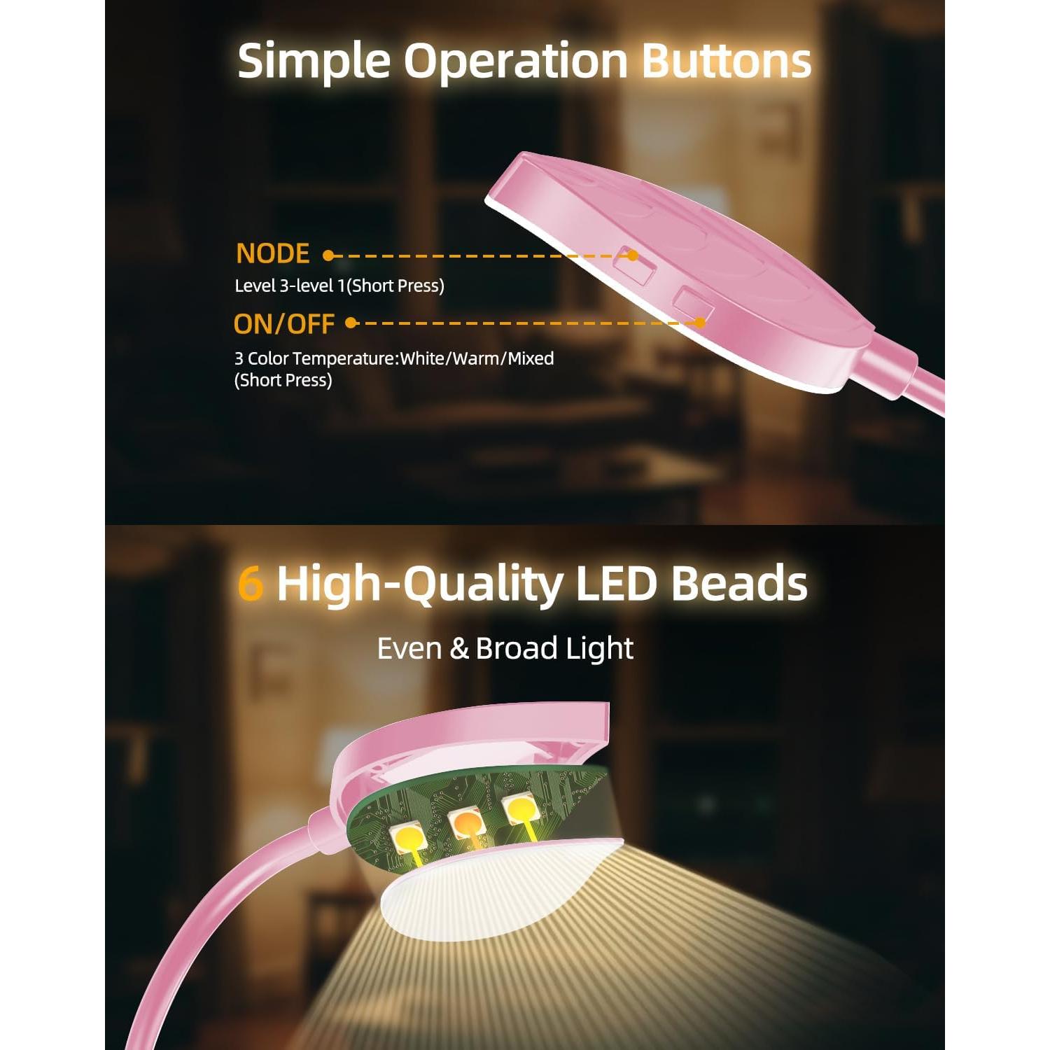 Luz de lectura recargable ERUN rosa con 3 temperaturas y brillo