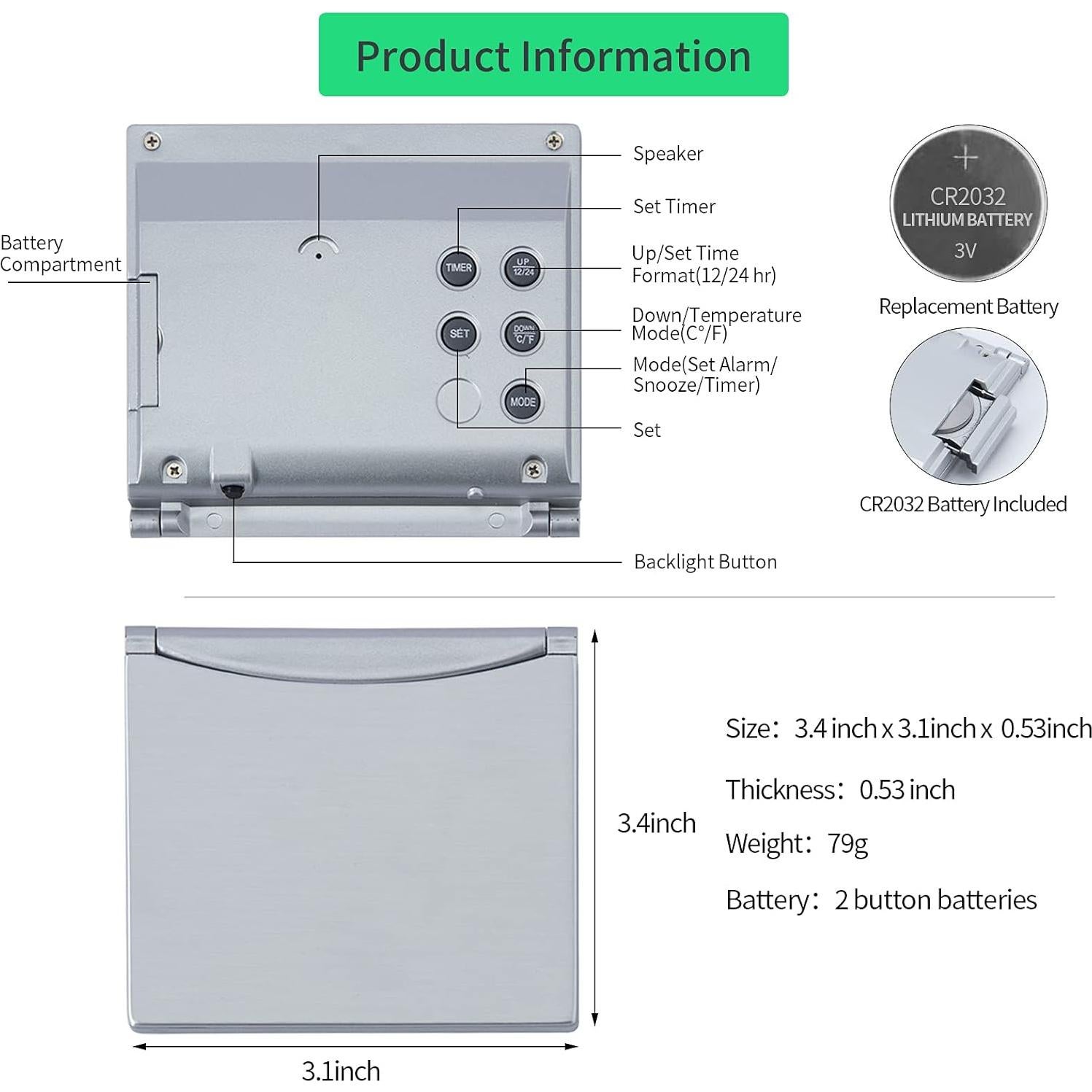 Reloj Despertador Digital KANBIT KB-2104 Portátil con Luz Verde