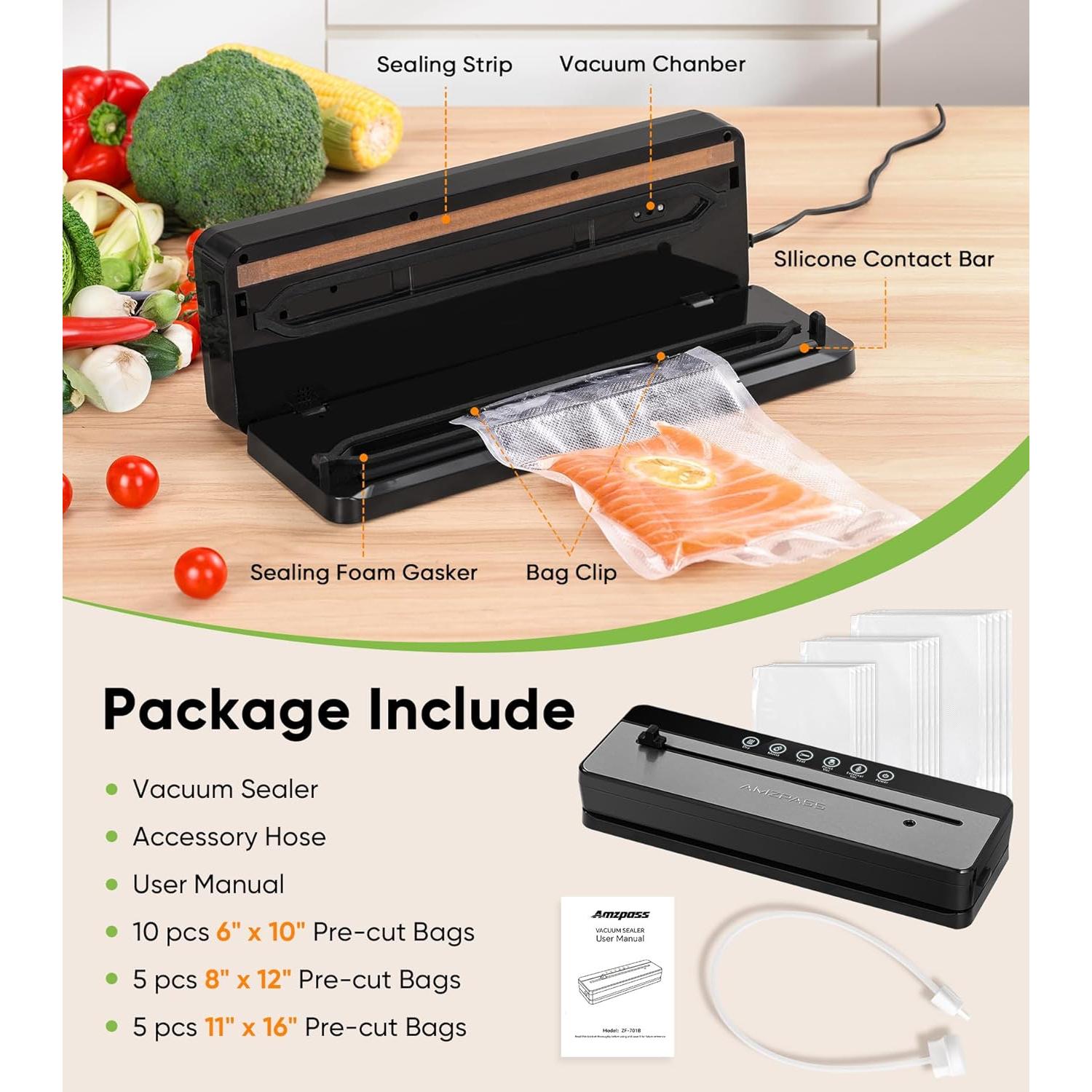 Máquina Selladora al Vacío Amzpass 6 en 1 con Cortador - Negro