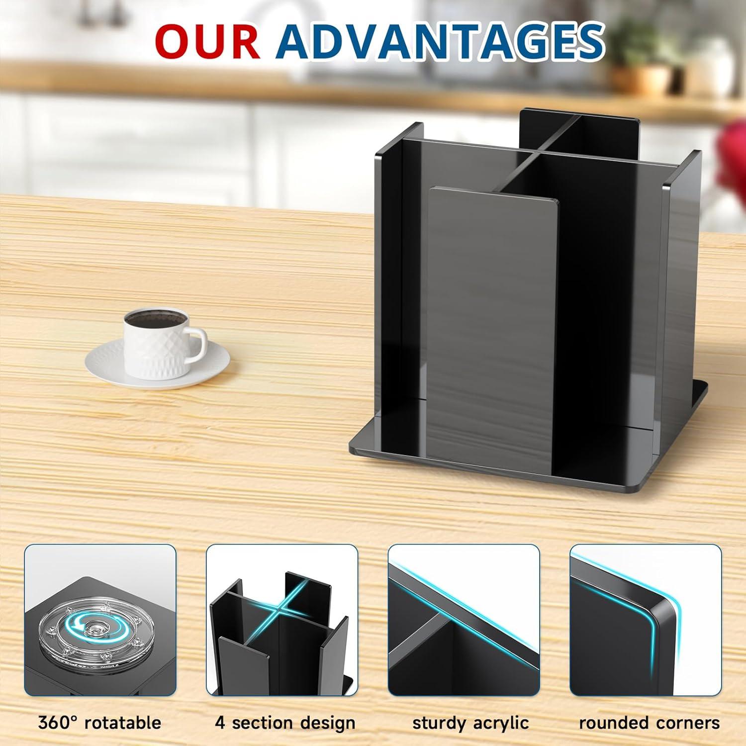 Soporte para Tazas y Tapas KOTEMON, 4 Compartimentos, Acrílico Negro