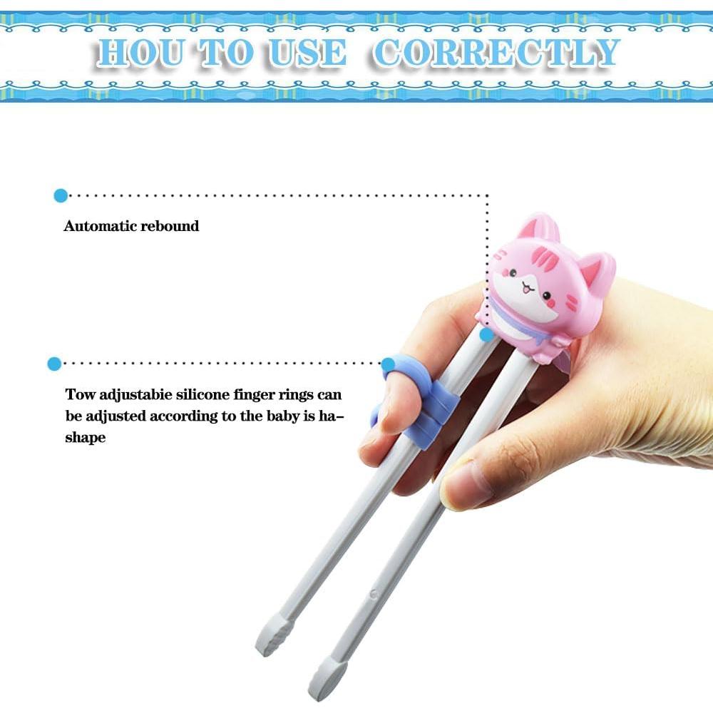 Palillos para Niños Quimoy con Rebote Automático - Patrón Gato Rosa y Tigre Amarillo