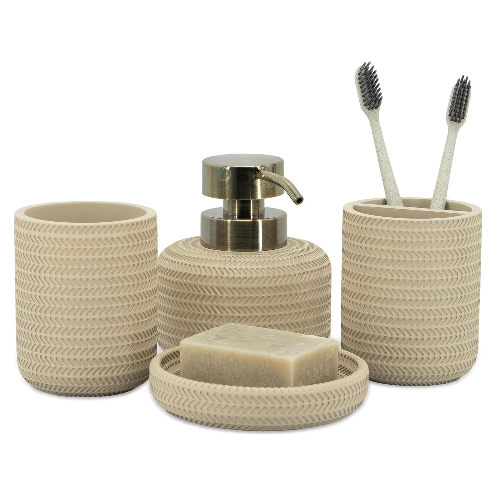 Juego de Accesorios de Baño Beige ZCCZ 4 Piezas - Dispensador, Soporte y Vaso