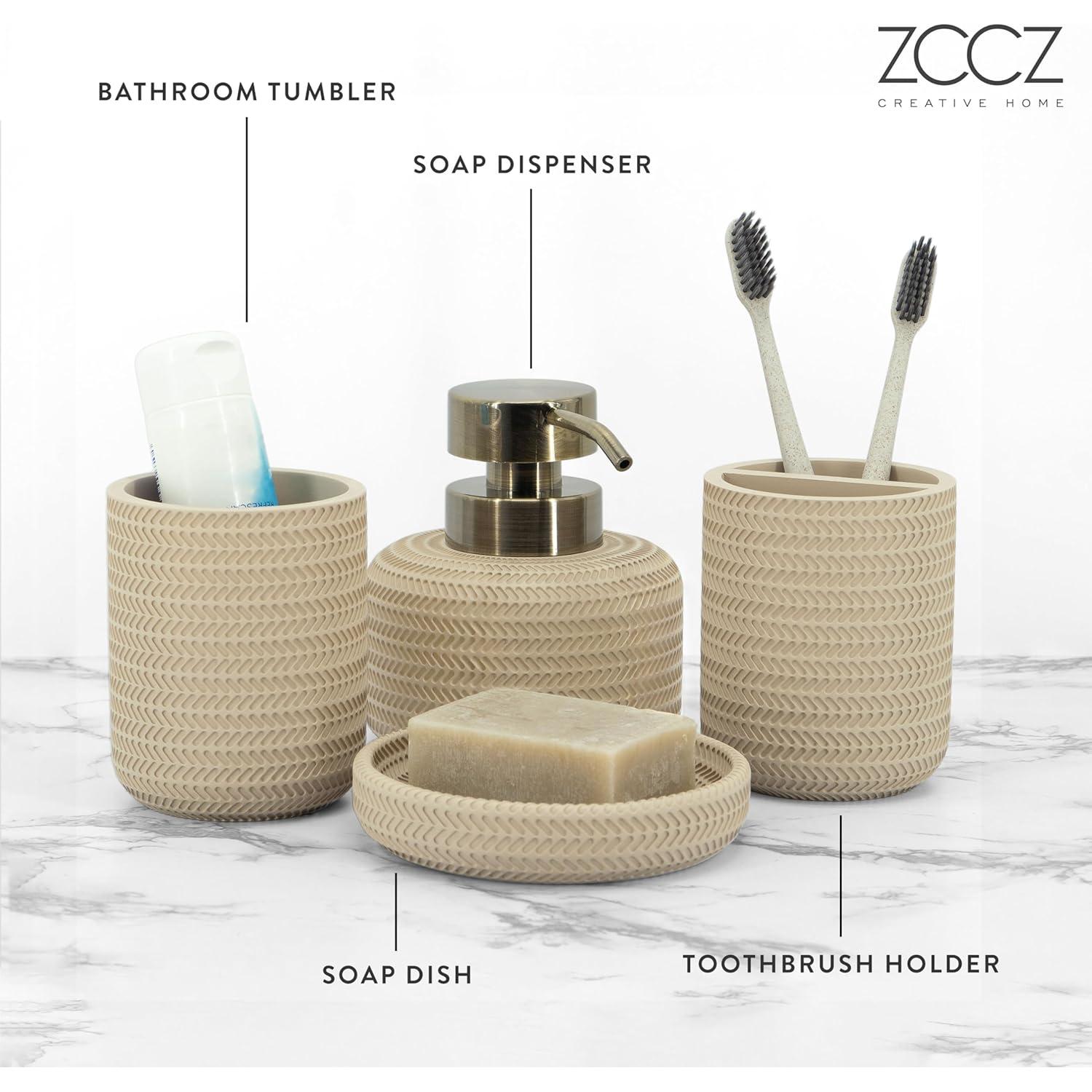 Juego de Accesorios de Baño Beige ZCCZ 4 Piezas - Dispensador, Soporte y Vaso