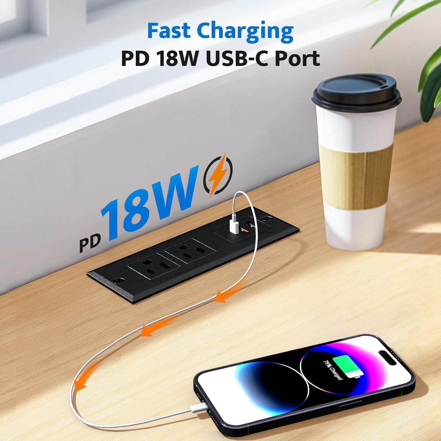 DOACE Toma de Corriente Empotrada USB C 18W 2 AC 3 USB Negro