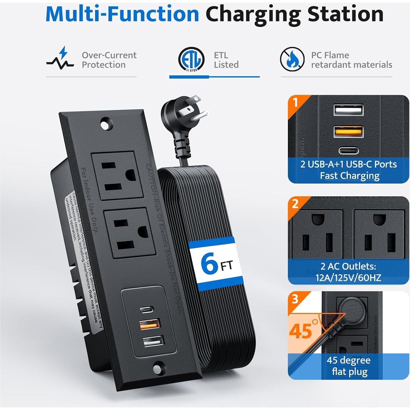DOACE Toma de Corriente Empotrada USB C 18W 2 AC 3 USB Negro