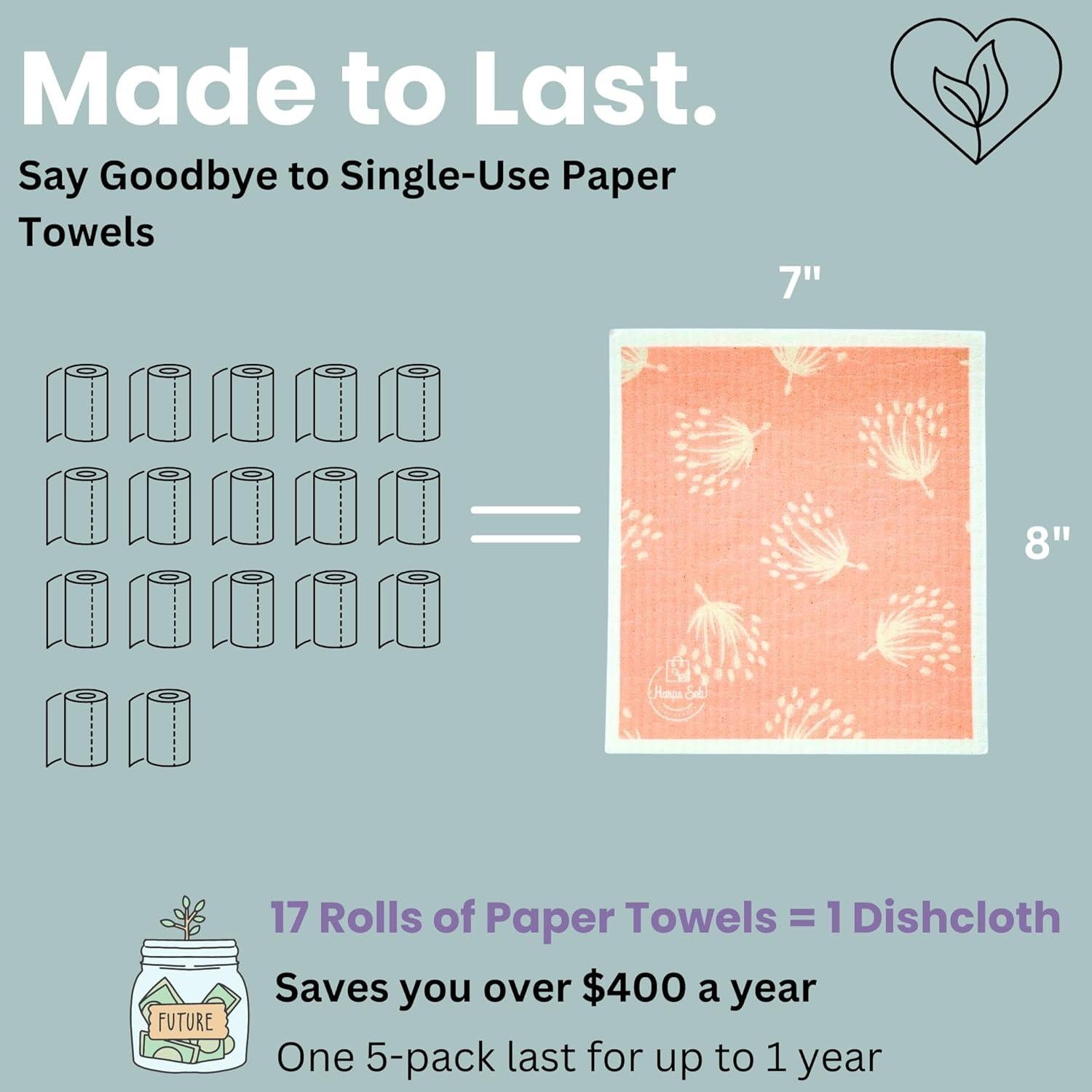 Paños de Cocina Suecos Harps&Seb - Reutilizables y Biodegradables, 5 Piezas