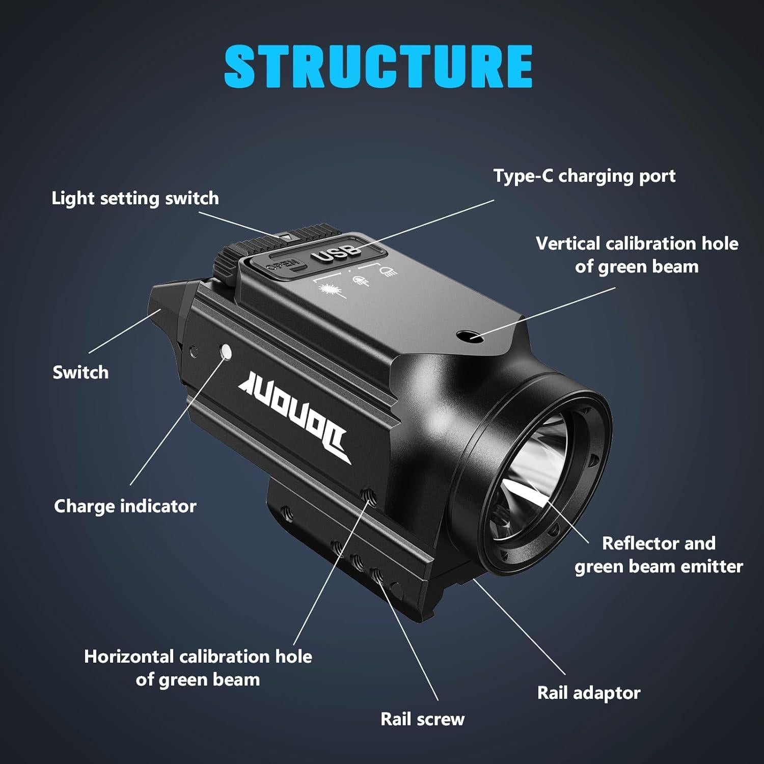 Linterna Táctica Dononr 1000 Lúmenes con Haz Verde USB