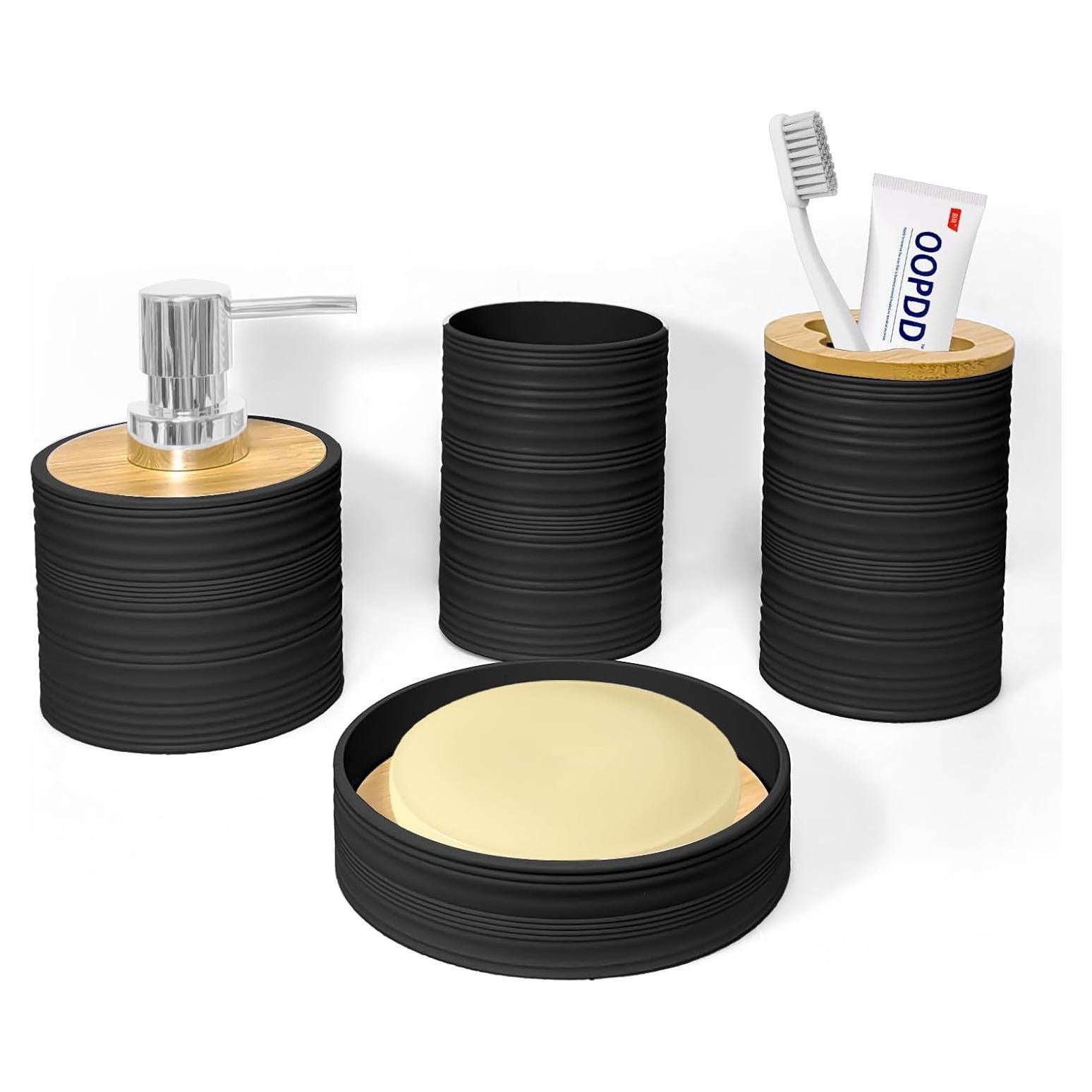Juego de Accesorios de Baño 4 Piezas Bambú Seeatoo Negro