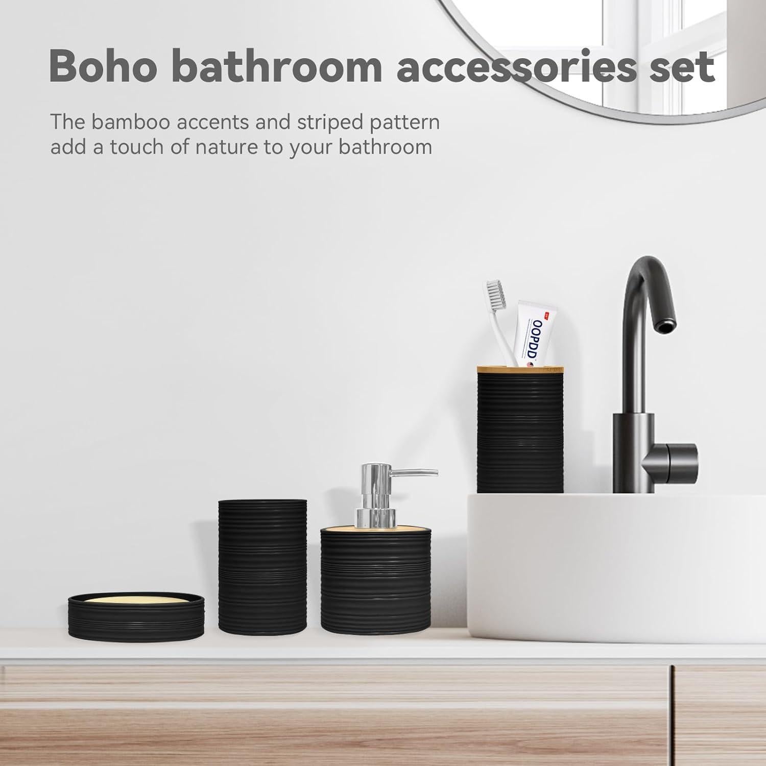 Juego de Accesorios de Baño 4 Piezas Bambú Seeatoo Negro