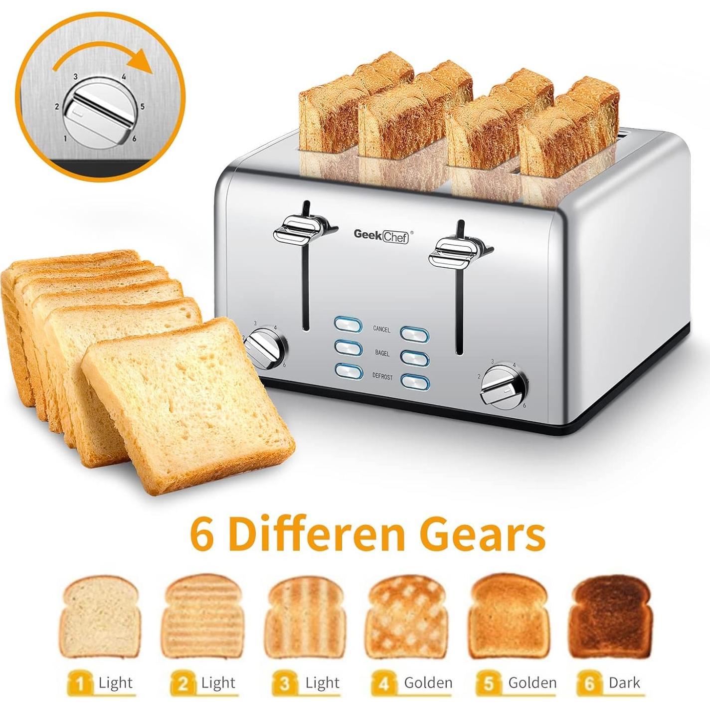 Tostadora Geek Chef de Acero Inoxidable 4 Rebanadas Extra Anchas