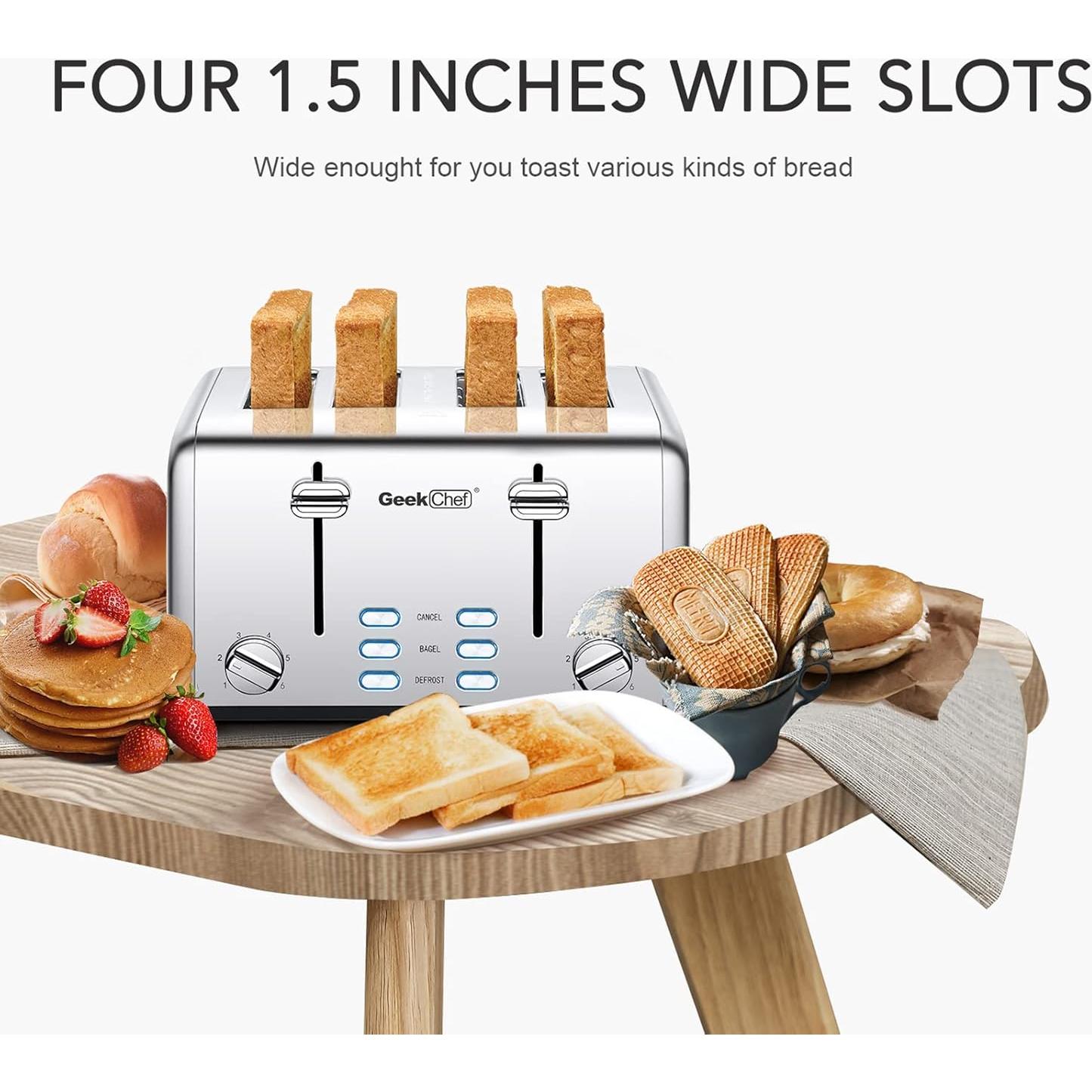 Tostadora Geek Chef de Acero Inoxidable 4 Rebanadas Extra Anchas