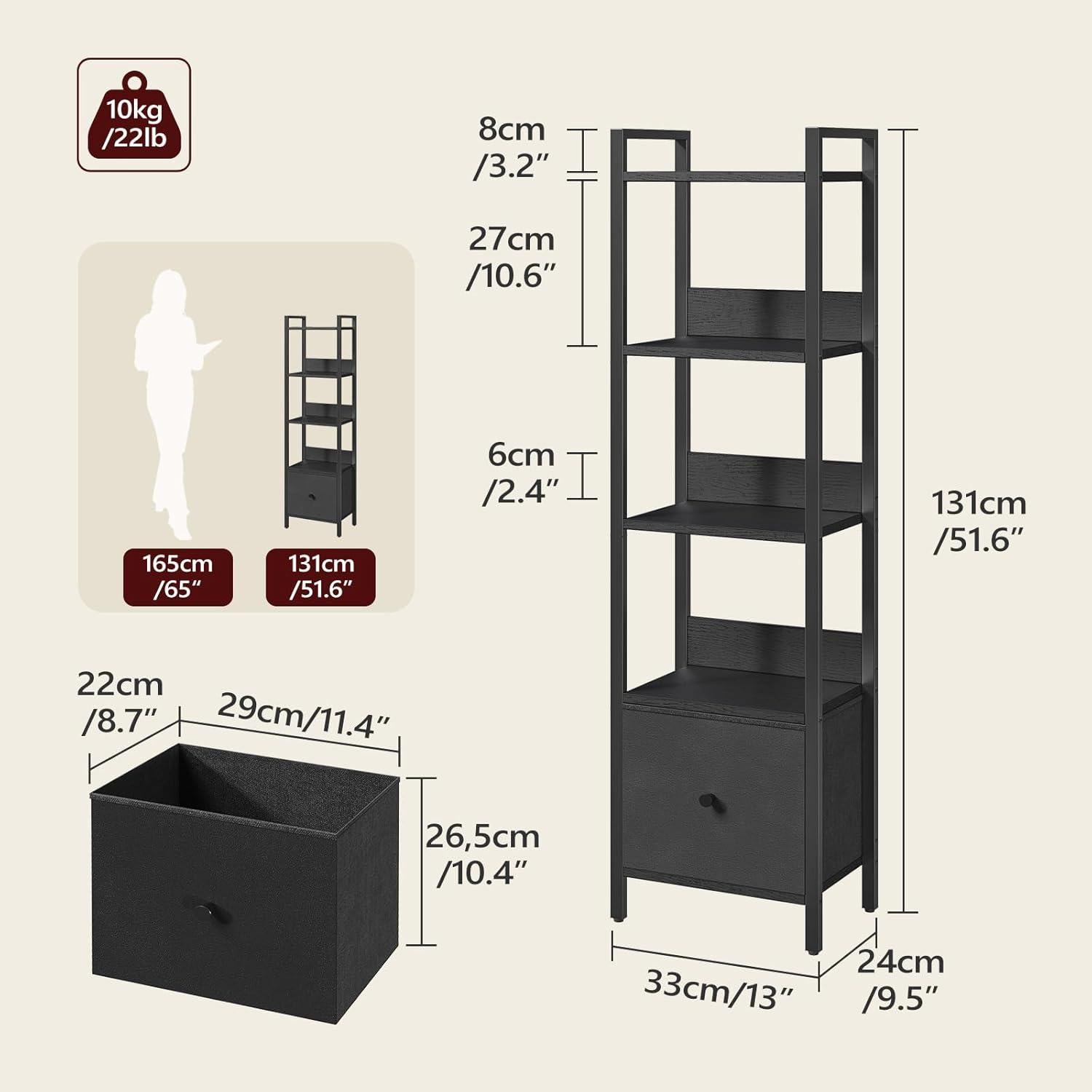 Estantería 5 Niveles MAHANCRIS con Cajón Extraíble Negro