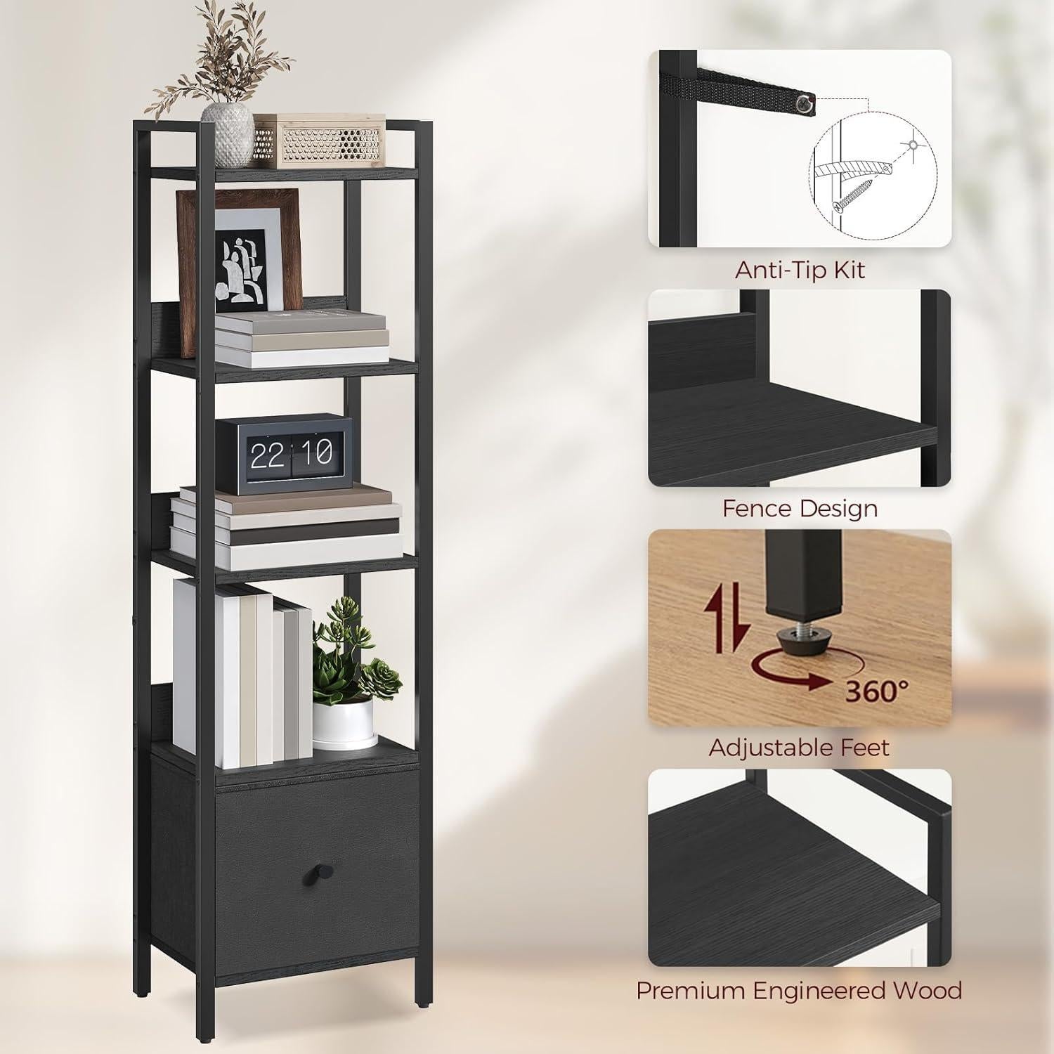 Estantería 5 Niveles MAHANCRIS con Cajón Extraíble Negro