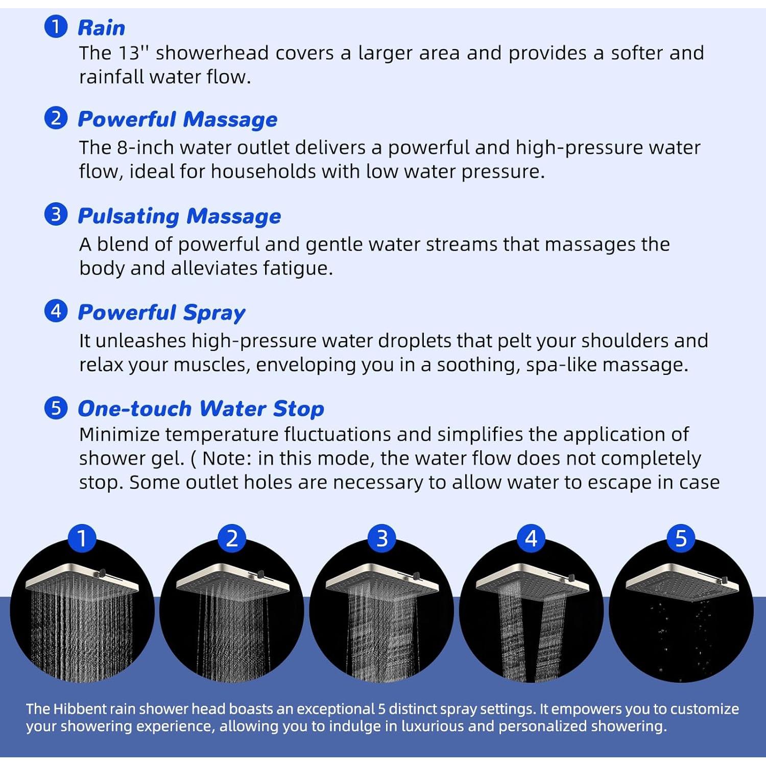 Combo Cabezal de Ducha Hibbent 33 cm Alta Presión 5 Modos